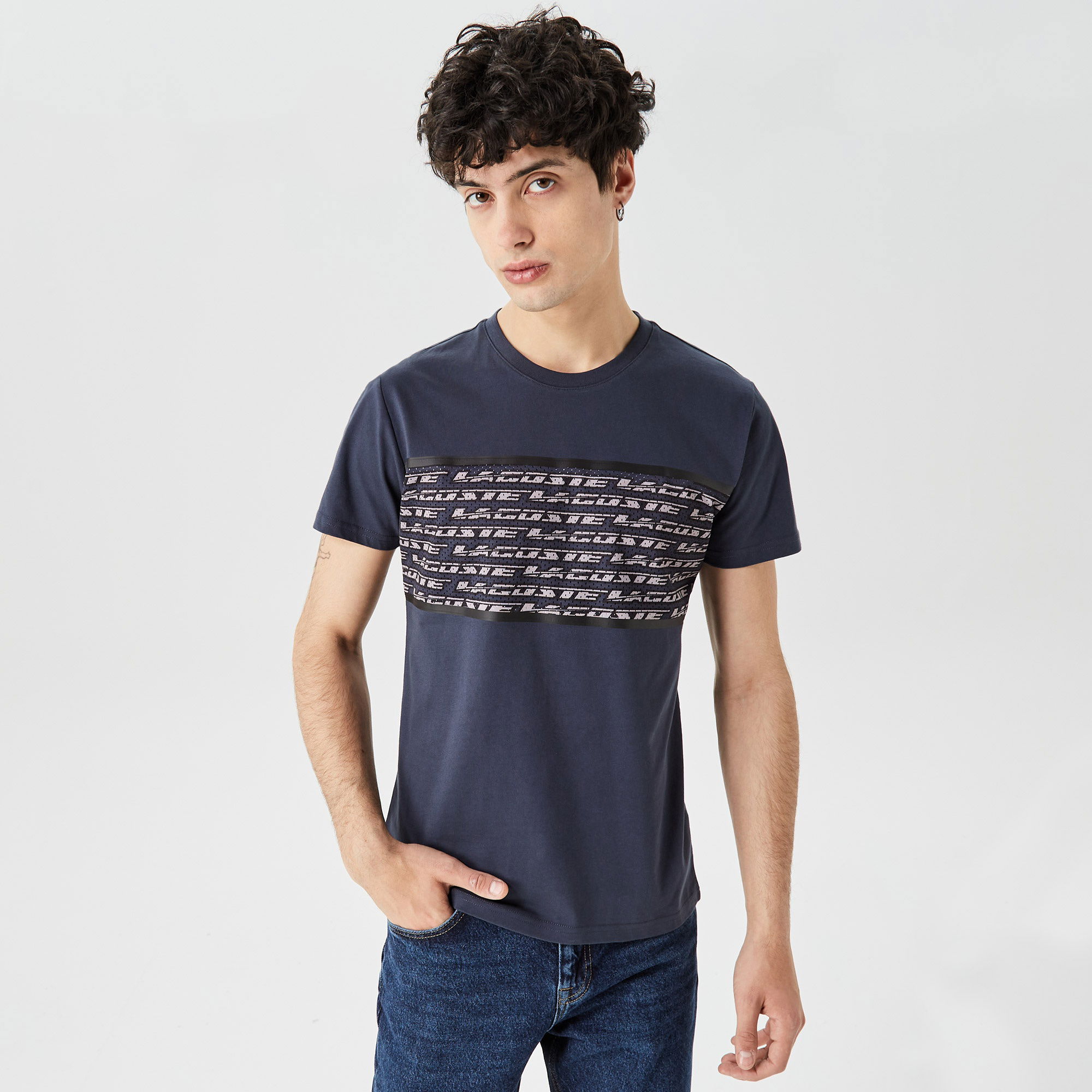 Lacoste Erkek Regular Fit Bisiklet Yaka Baskılı Lacivert T-Shirt