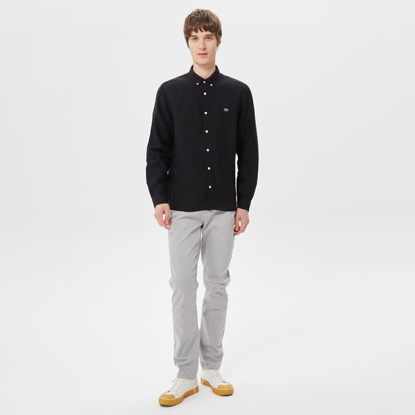 Lacoste Erkek Regular Fit Düğmeli Yaka Keten Siyah Gömlek_2