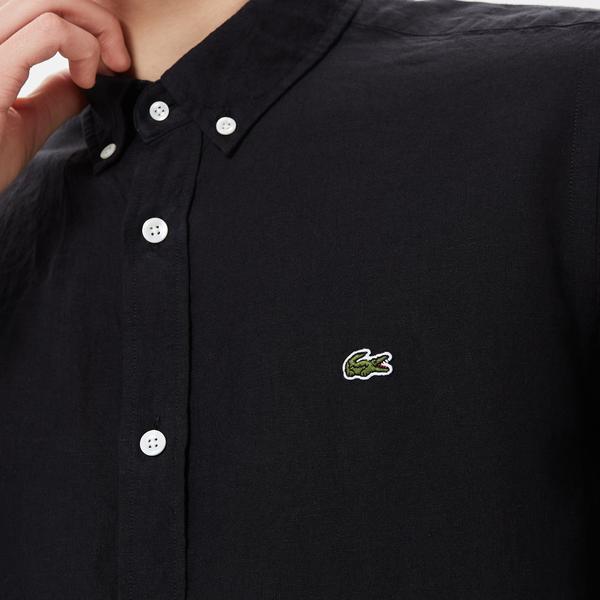 Lacoste Erkek Regular Fit Düğmeli Yaka Keten Siyah Gömlek_4