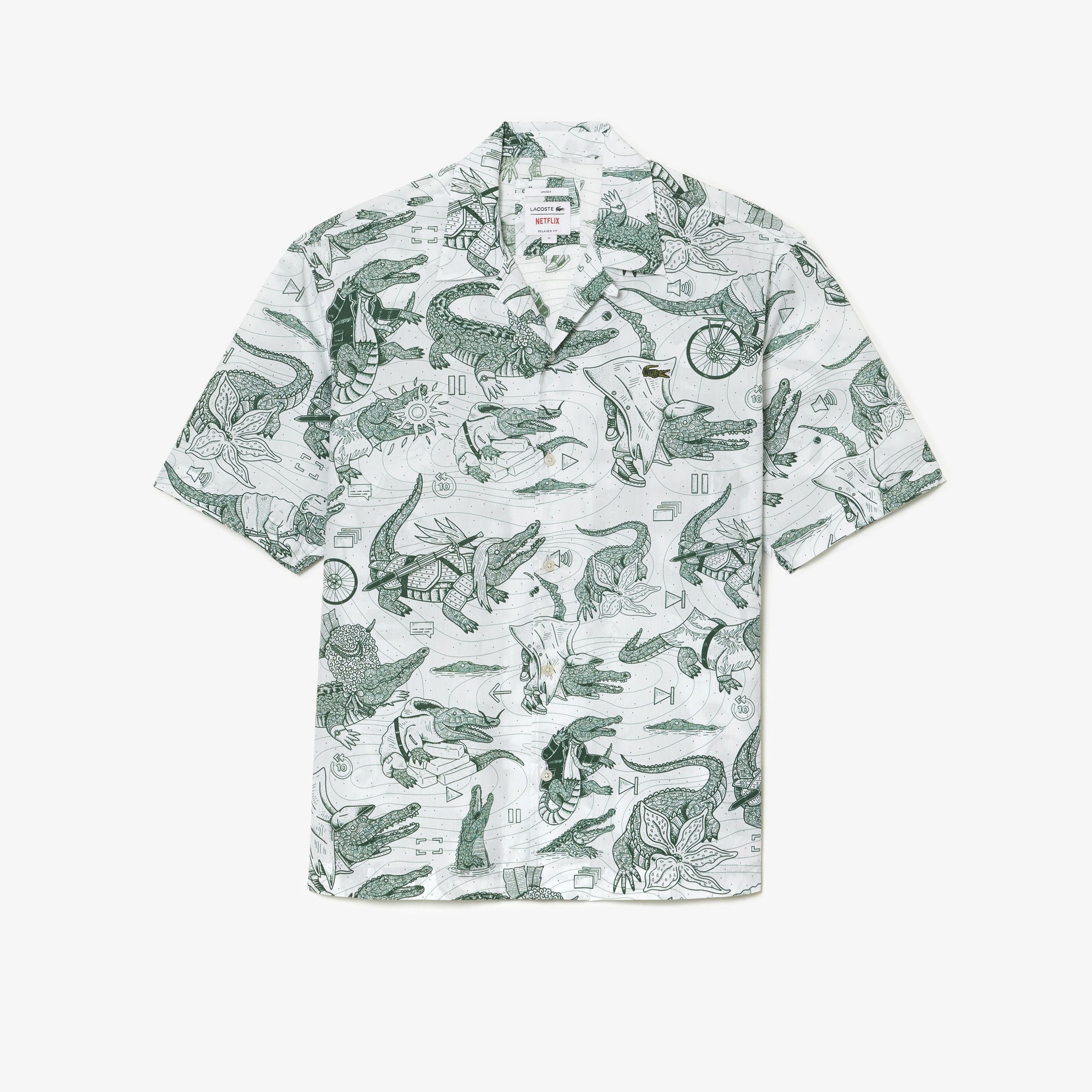 Lacoste x Netflix Unisex Relaxed Fit Kısa Kollu Desenli Bej Gömlek