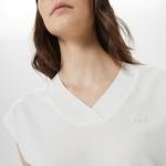 Lacoste Kadın Slim Fit V Yaka Beyaz T-Shirt