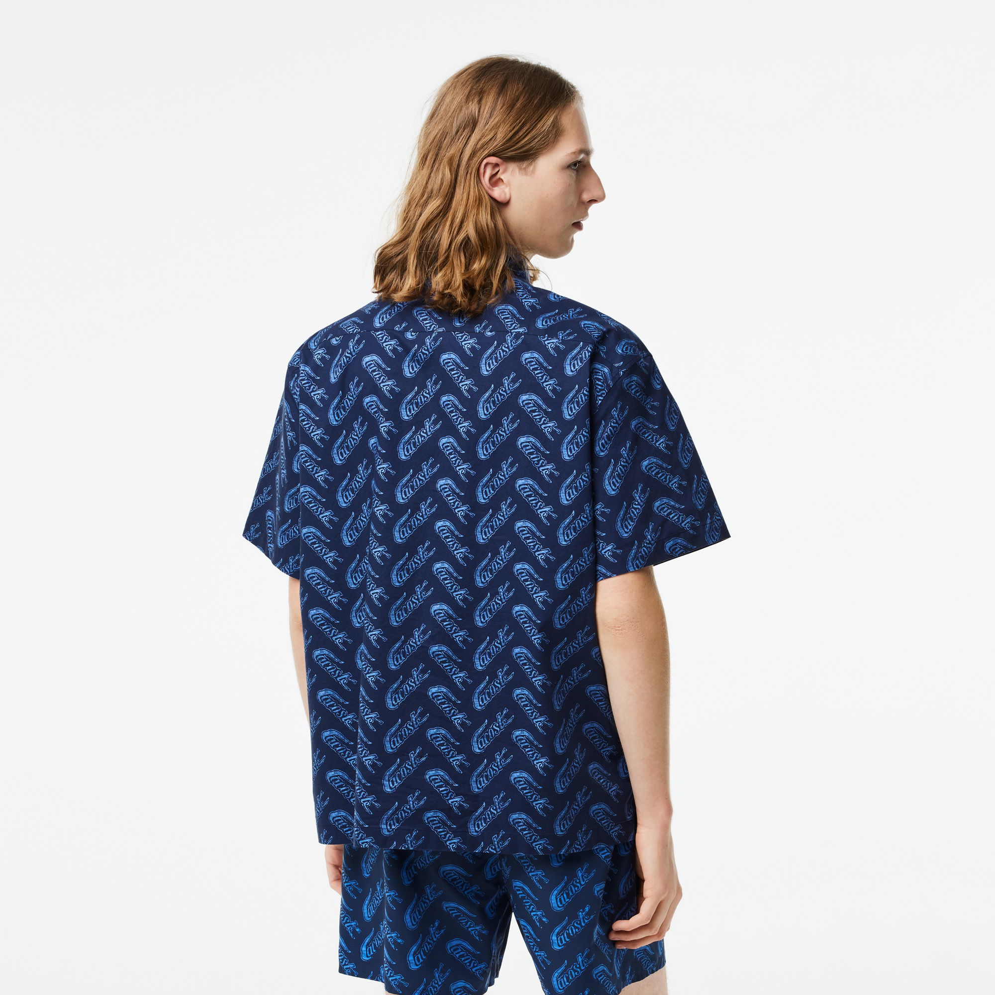 Lacoste Erkek Relaxed Fit Kısa Kollu Desenli Mavi Gömlek