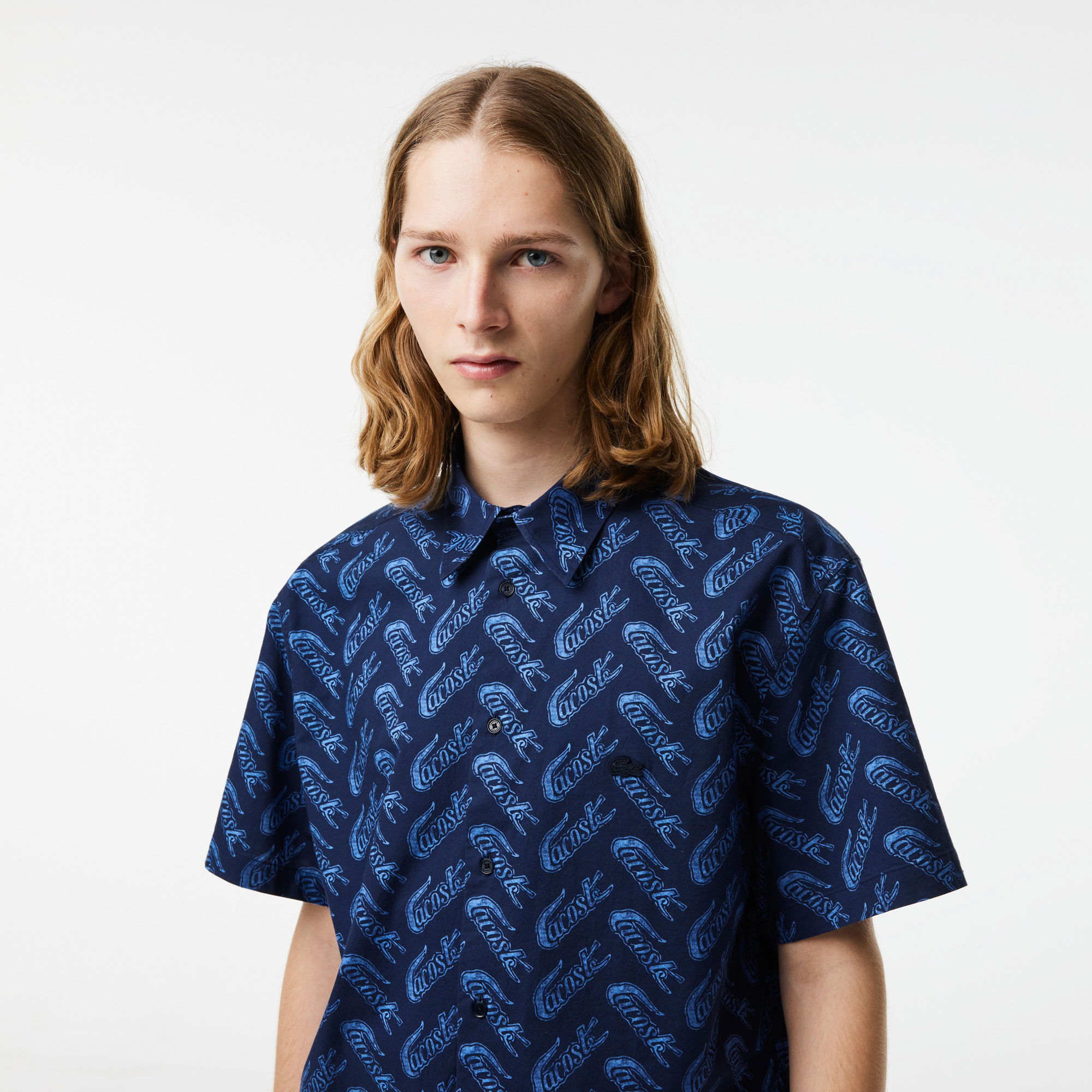 Lacoste Erkek Relaxed Fit Kısa Kollu Desenli Mavi Gömlek