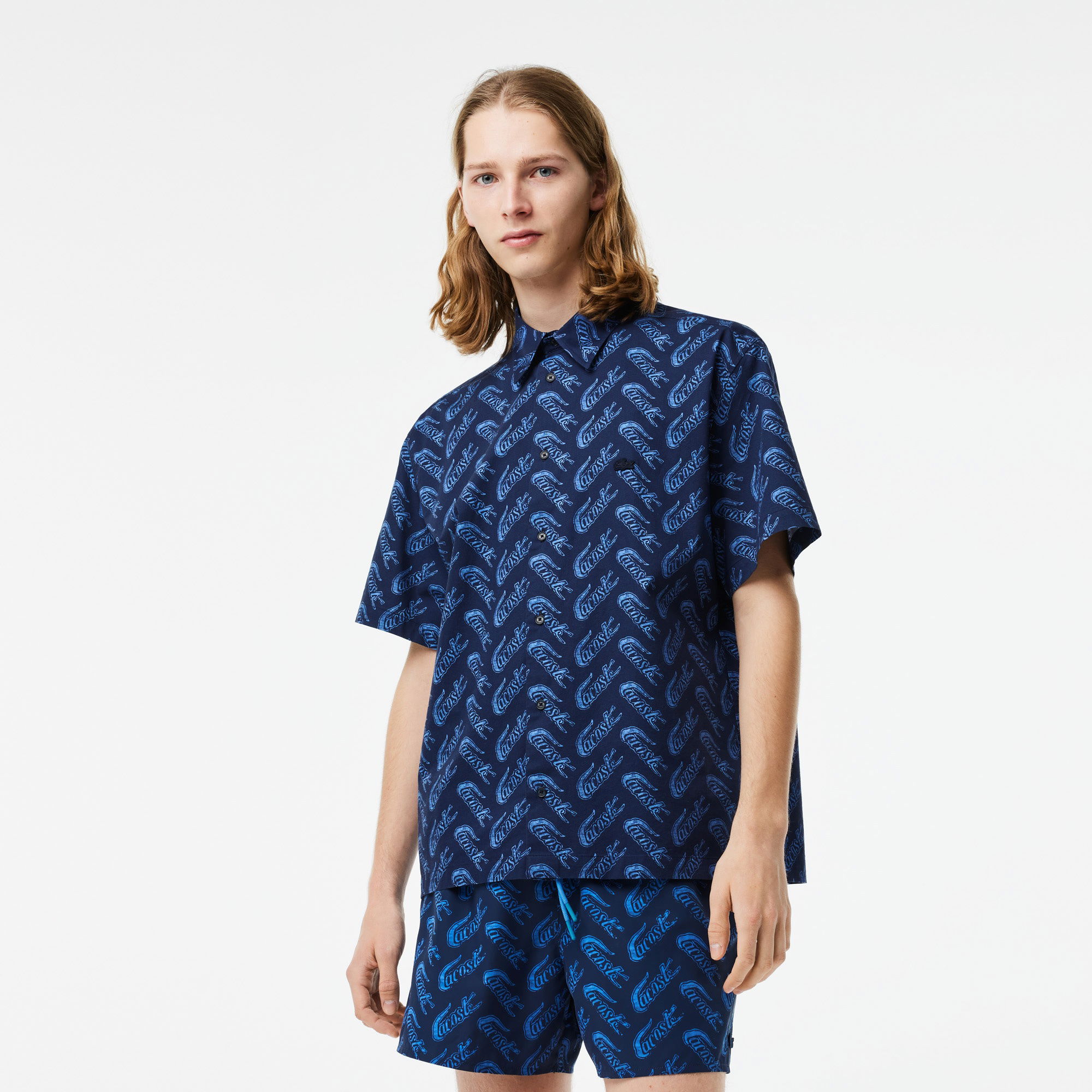 Lacoste Erkek Relaxed Fit Kısa Kollu Desenli Mavi Gömlek