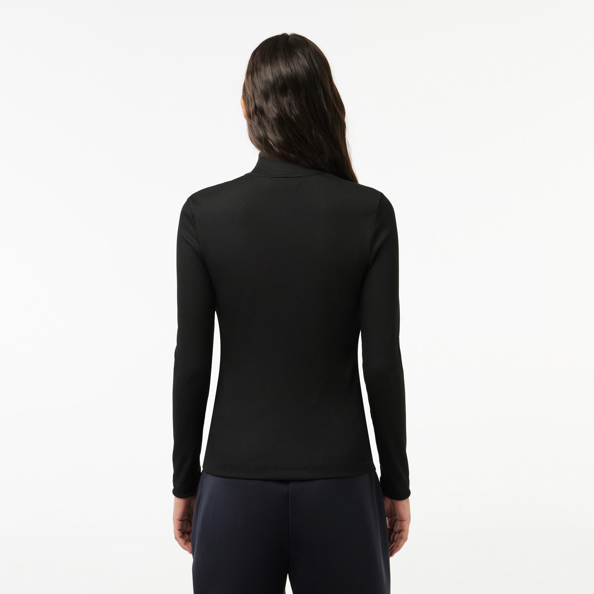 Lacoste Kadın Slim Fit Uzun Kollu Yarım Fermuarlı Siyah Polo