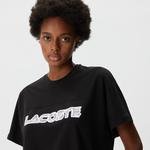 Lacoste Kadın Loose Fit Bisiklet Yaka Baskılı Siyah T-Shirt