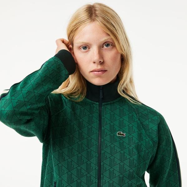 Lacoste Kadın Regular Fit Fermuarlı Monogram Yeşil Sweatshirt