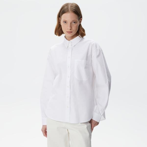 Lacoste Kadın Oversized Uzun Kollu Baskılı Beyaz Gömlek