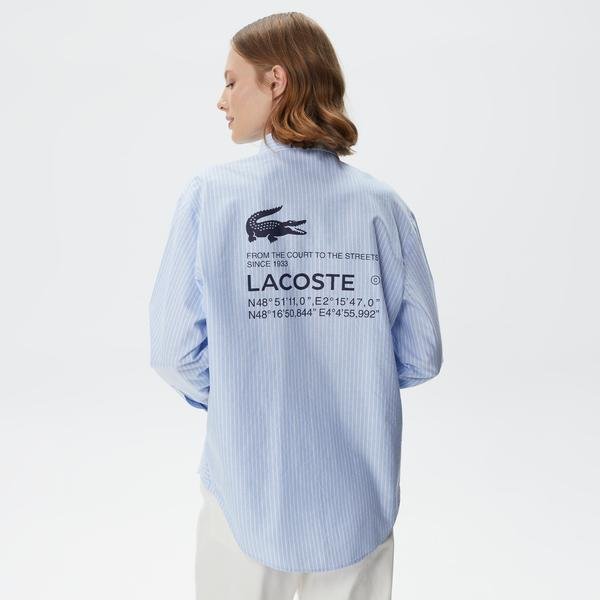 Lacoste Kadın Oversized Uzun Kollu Çizgili Mavi Gömlek