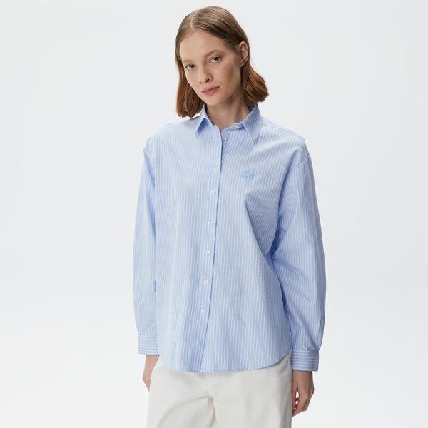 Lacoste Kadın Oversized Çizgili Mavi Gömlek