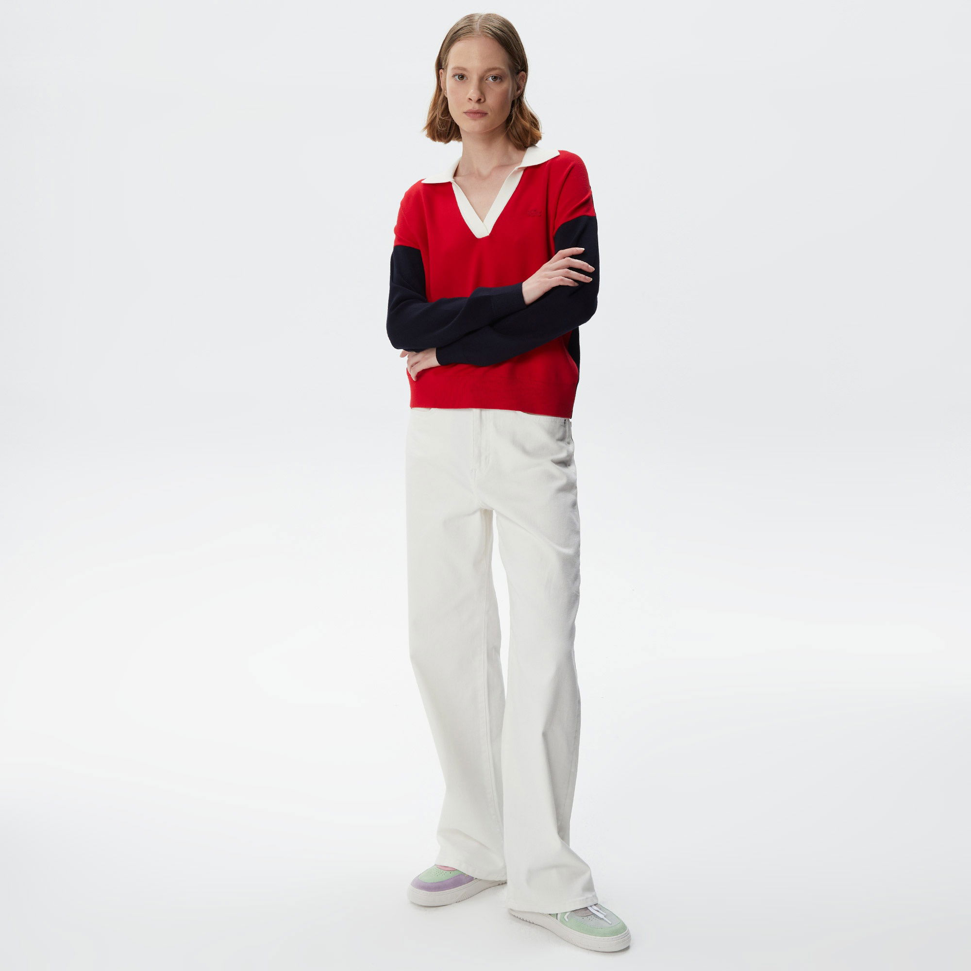 Lacoste Kadın Regular Fit Polo Yaka Renk Bloklu Kırmızı Kazak