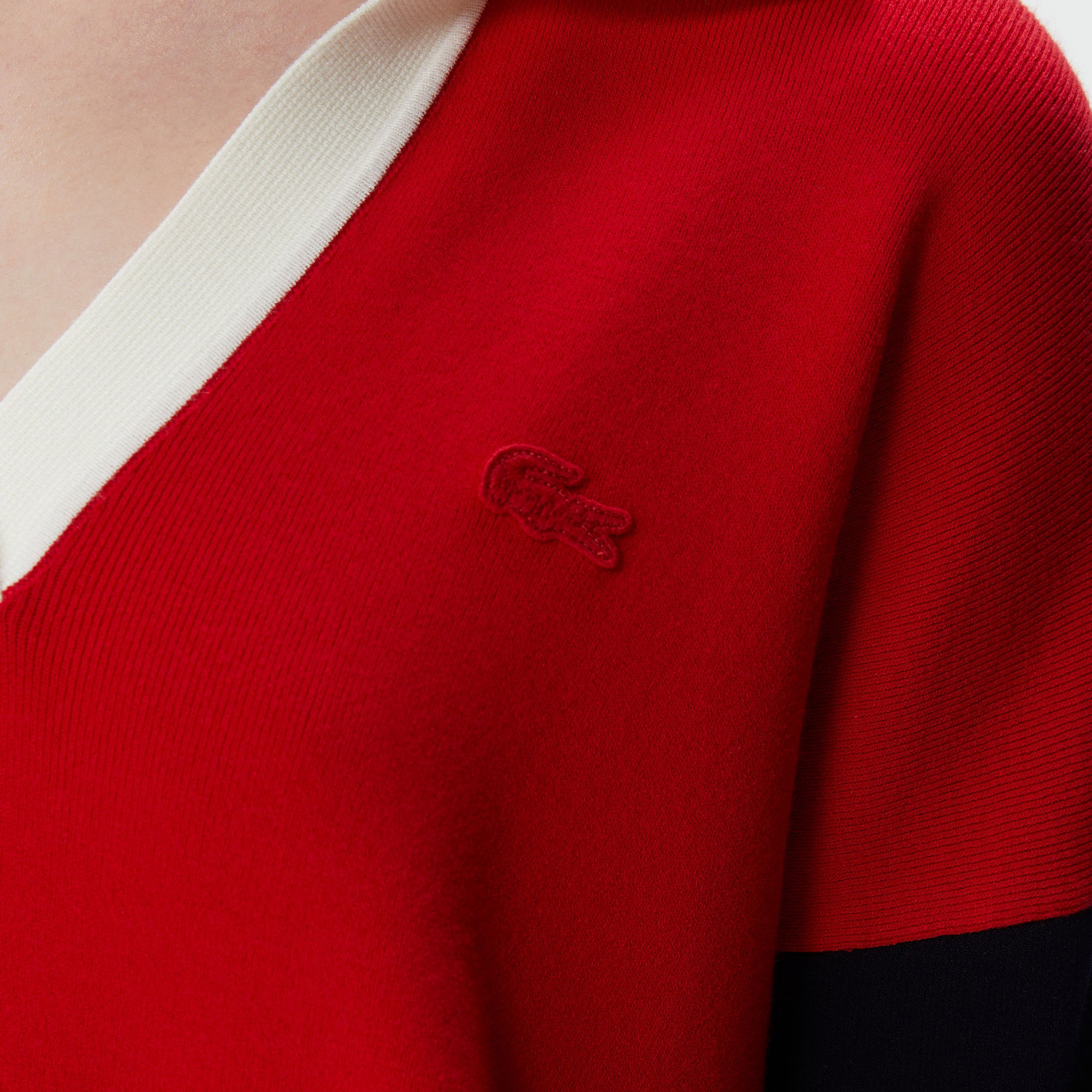 Lacoste Kadın Regular Fit Polo Yaka Renk Bloklu Kırmızı Kazak