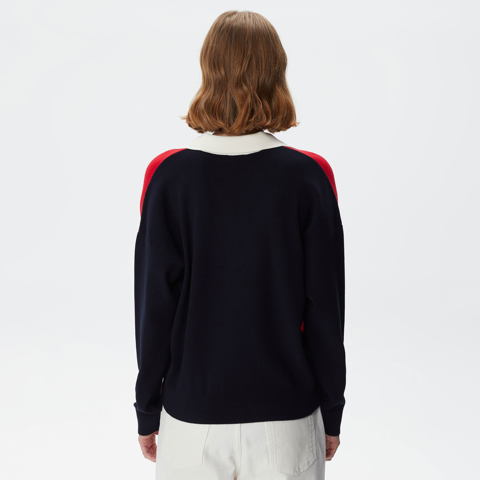 Lacoste Kadın Regular Fit Polo Yaka Renk Bloklu Kırmızı Kazak