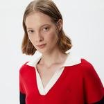 Lacoste Kadın Regular Fit Polo Yaka Renk Bloklu Kırmızı Kazak