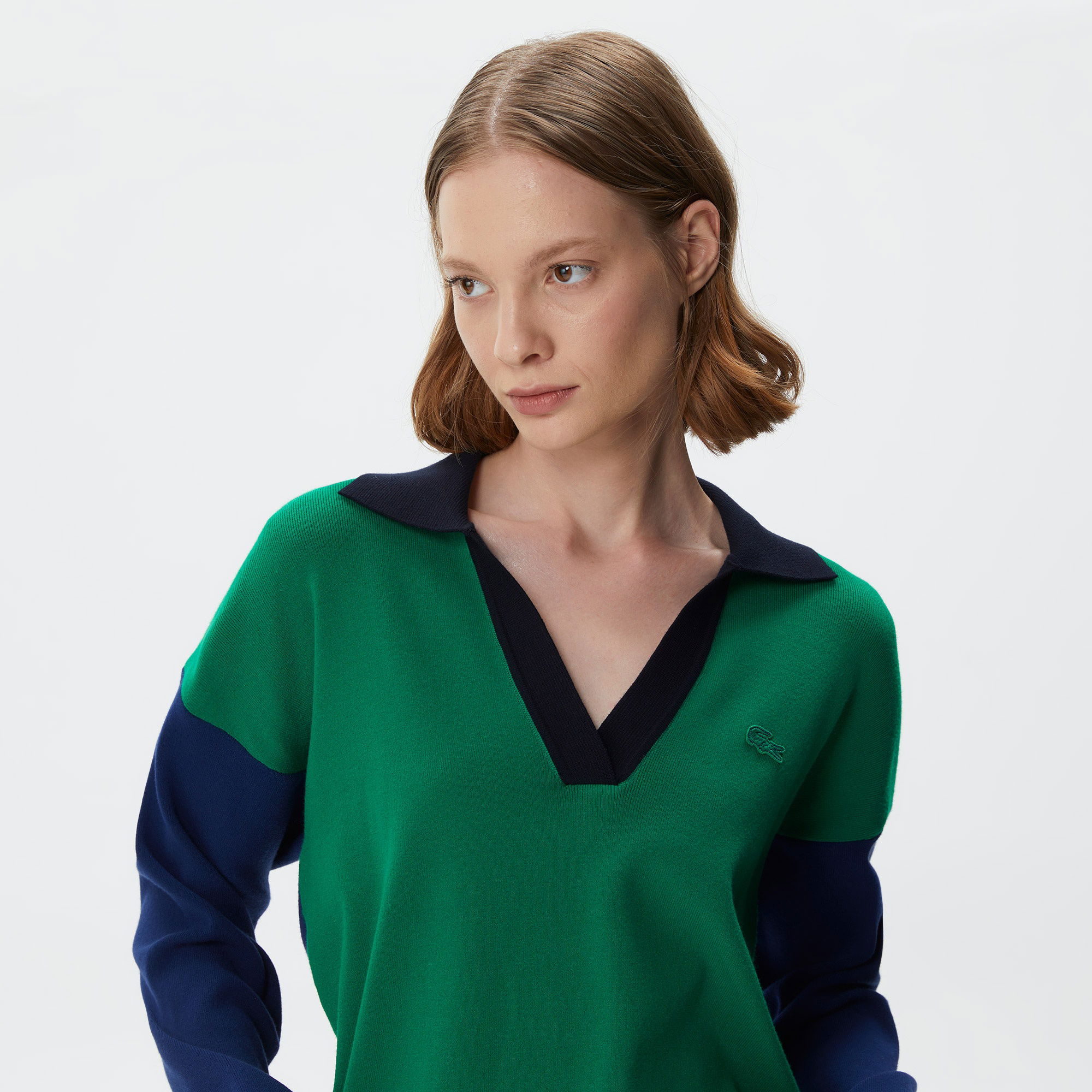 Lacoste Kadın Regular Fit Polo Yaka Renk Bloklu Yeşil Kazak