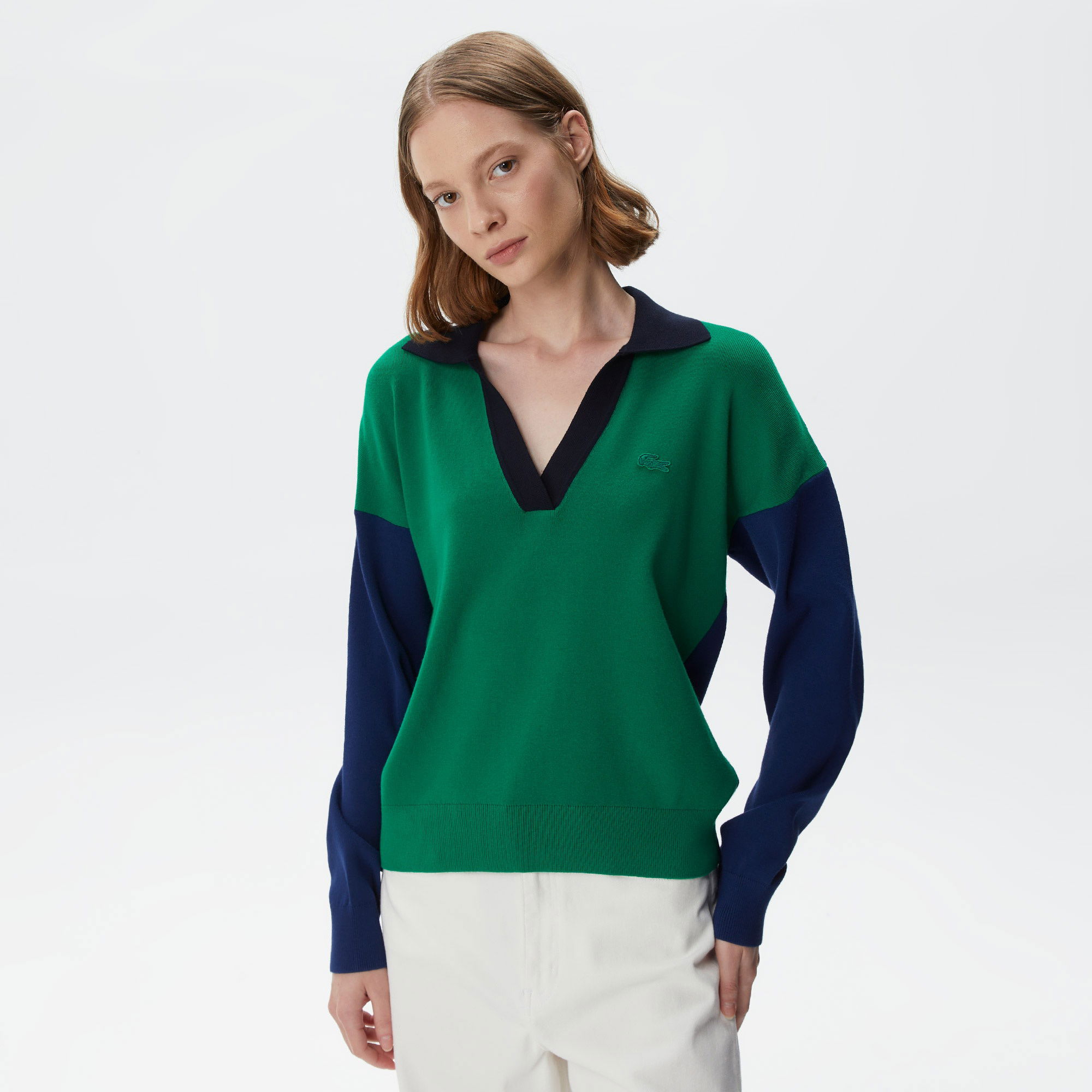Lacoste Kadın Regular Fit Polo Yaka Renk Bloklu Yeşil Kazak