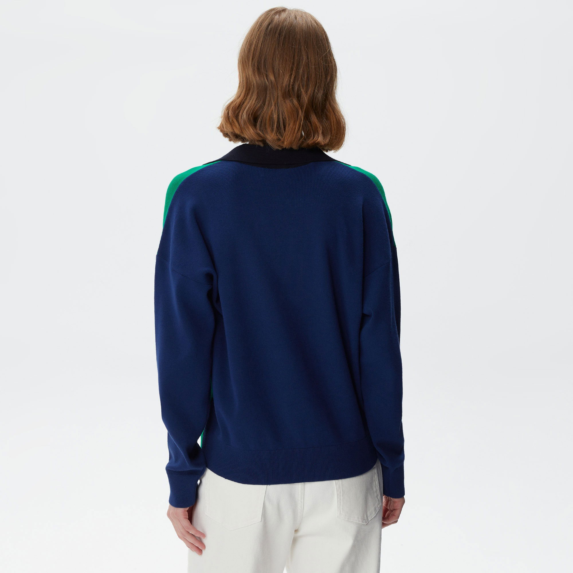 Lacoste Kadın Regular Fit Polo Yaka Renk Bloklu Yeşil Kazak