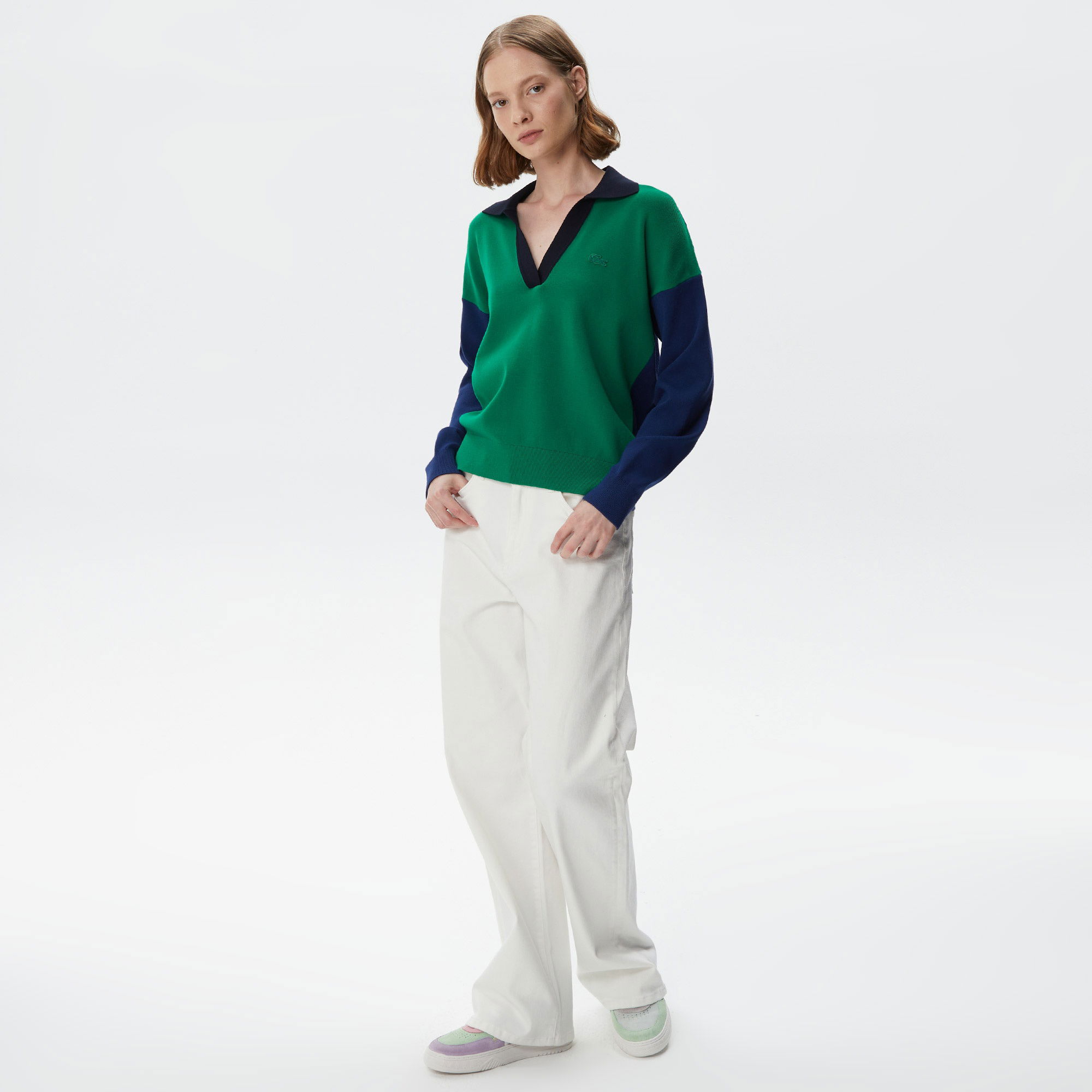 Lacoste Kadın Regular Fit Polo Yaka Renk Bloklu Yeşil Kazak