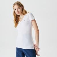 Lacoste Kadın Slim Fit V Yaka Beyaz T-Shirt001