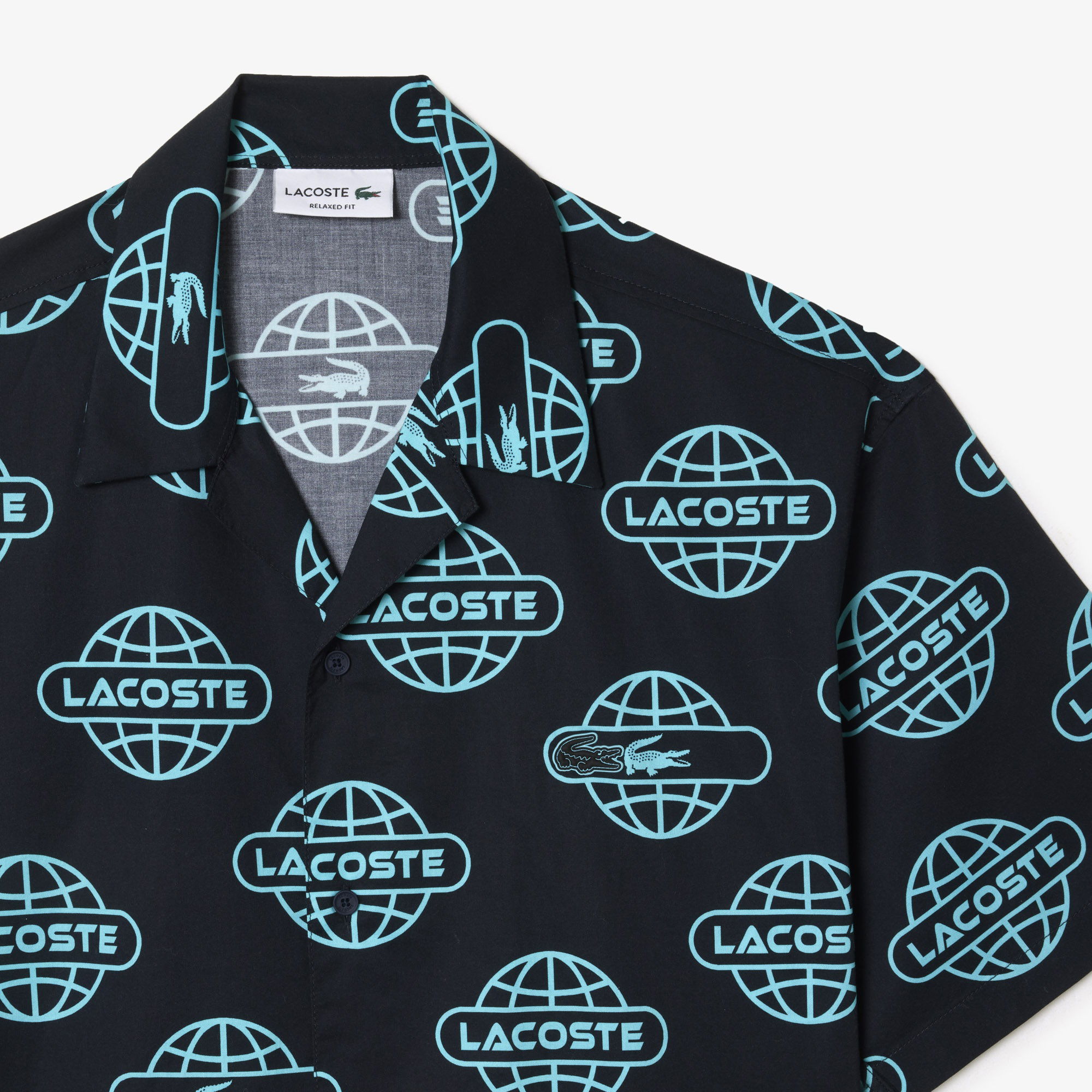 Lacoste Erkek Relaxed Fit Kısa Kollu Desenli Siyah Gömlek