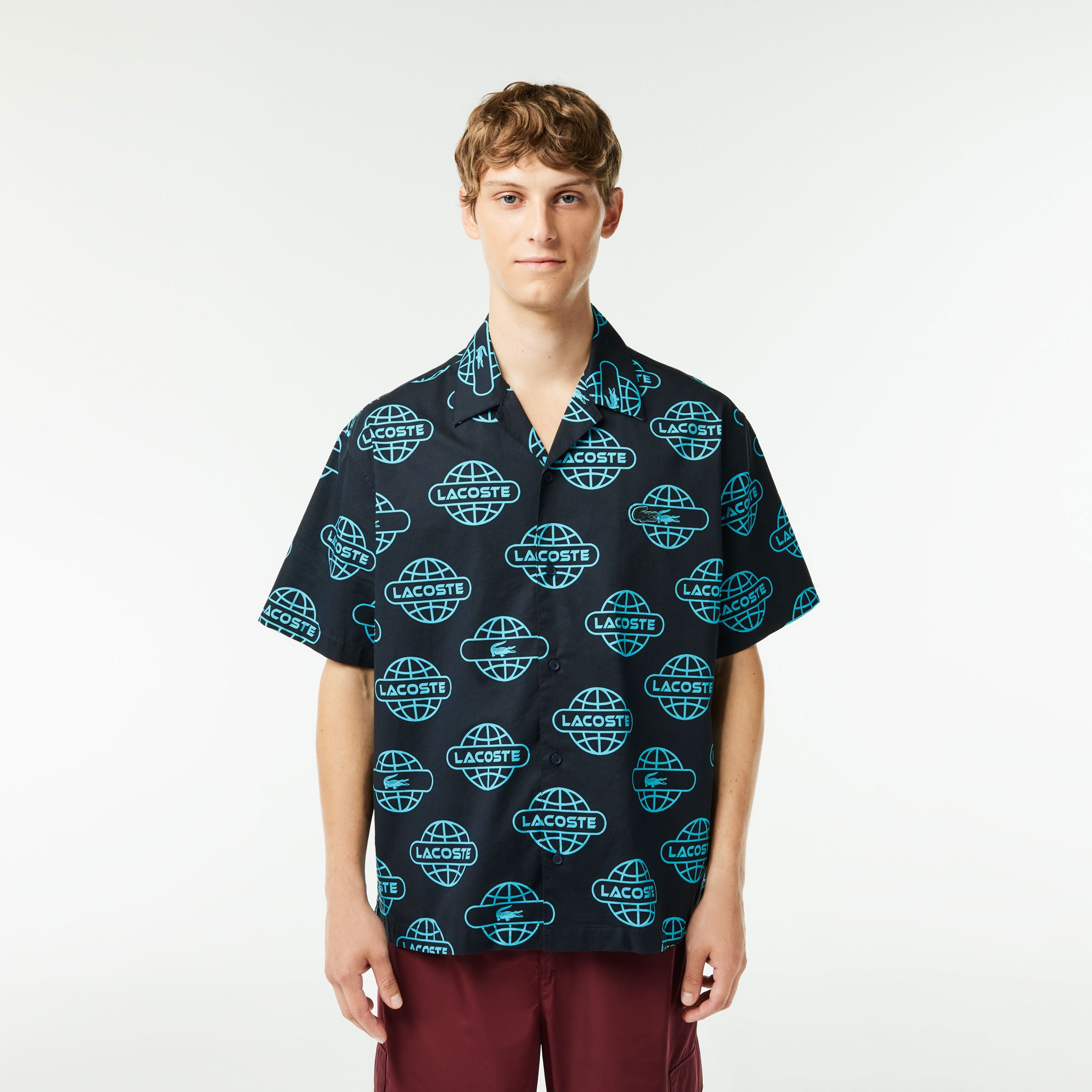 Lacoste Erkek Relaxed Fit Kısa Kollu Desenli Siyah Gömlek
