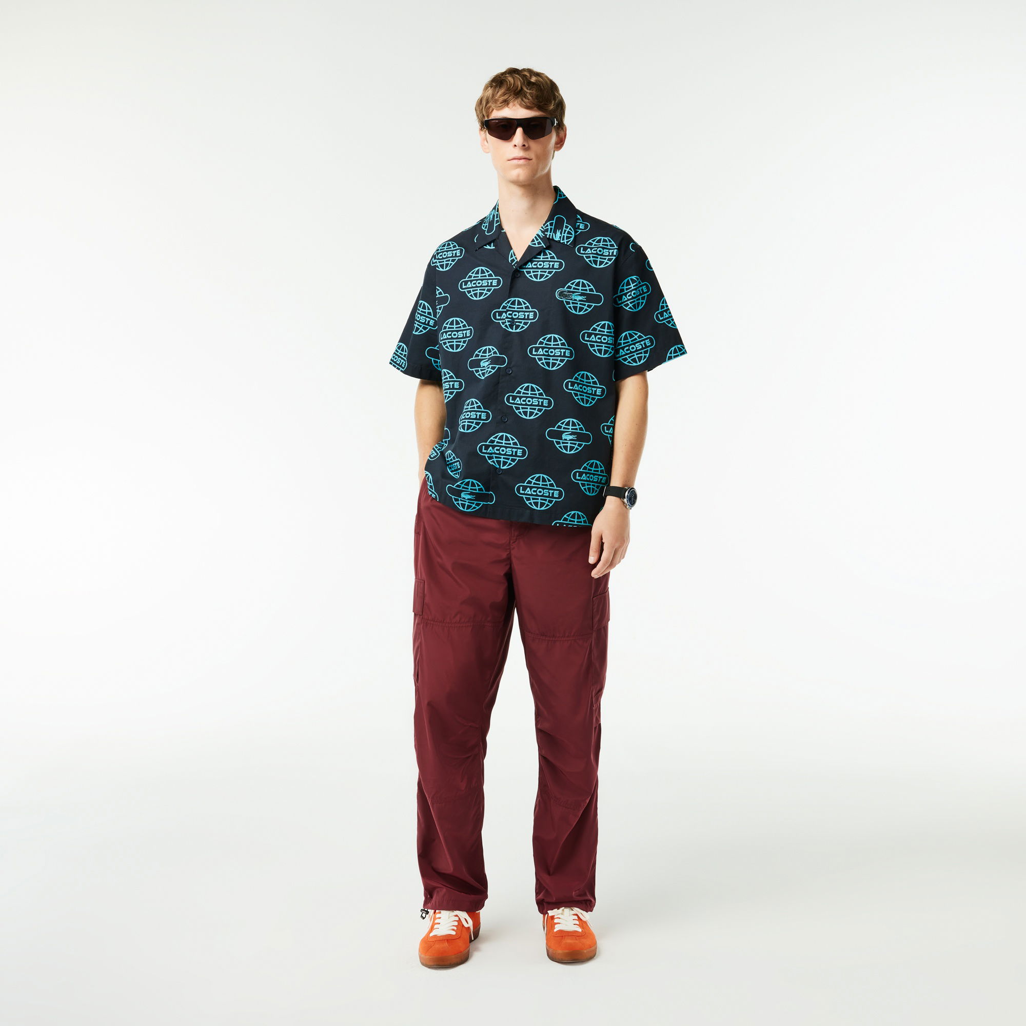 Lacoste Erkek Relaxed Fit Kısa Kollu Desenli Siyah Gömlek
