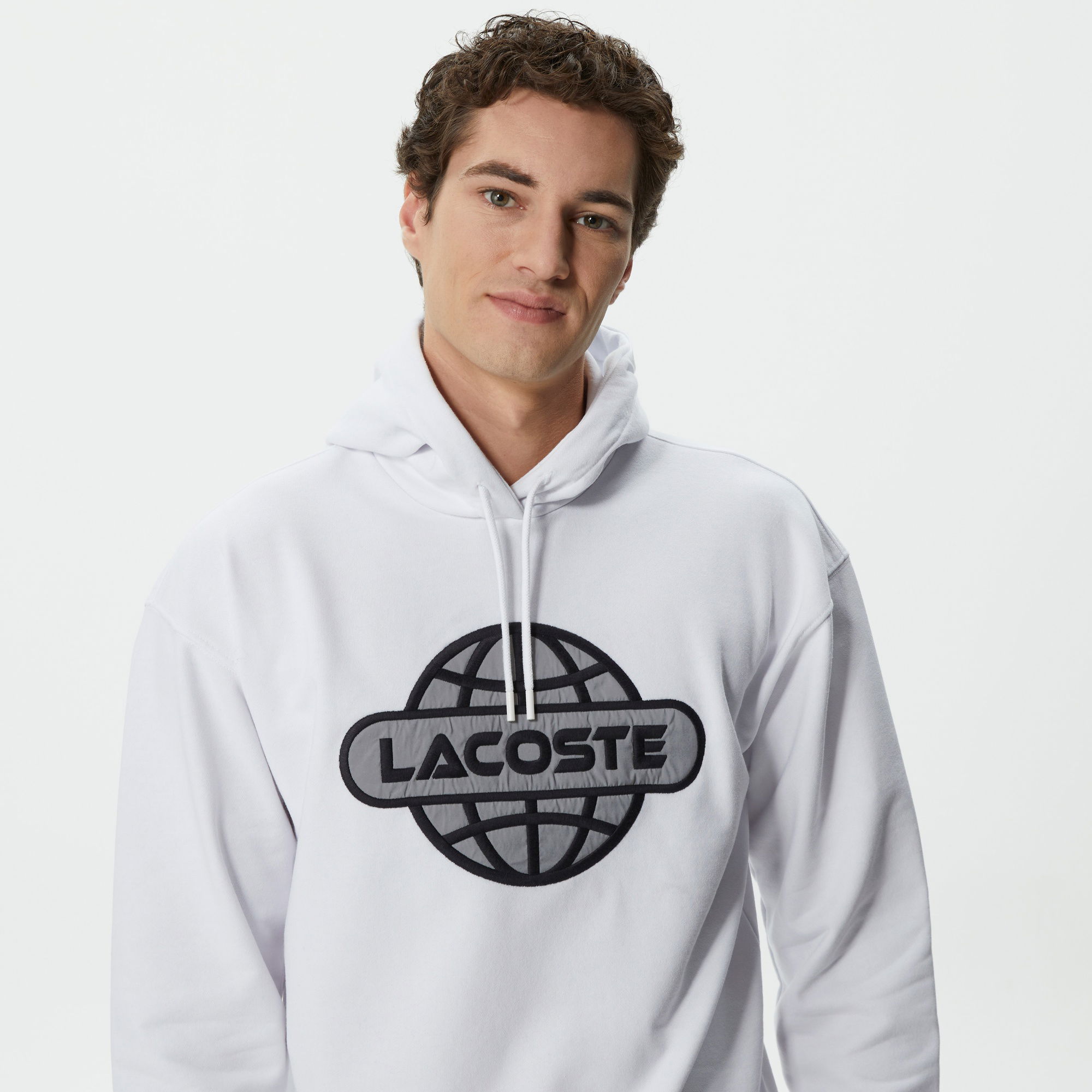 Lacoste Erkek Relaxed Fit Kapüşonlu Baskılı Beyaz Sweatshirt