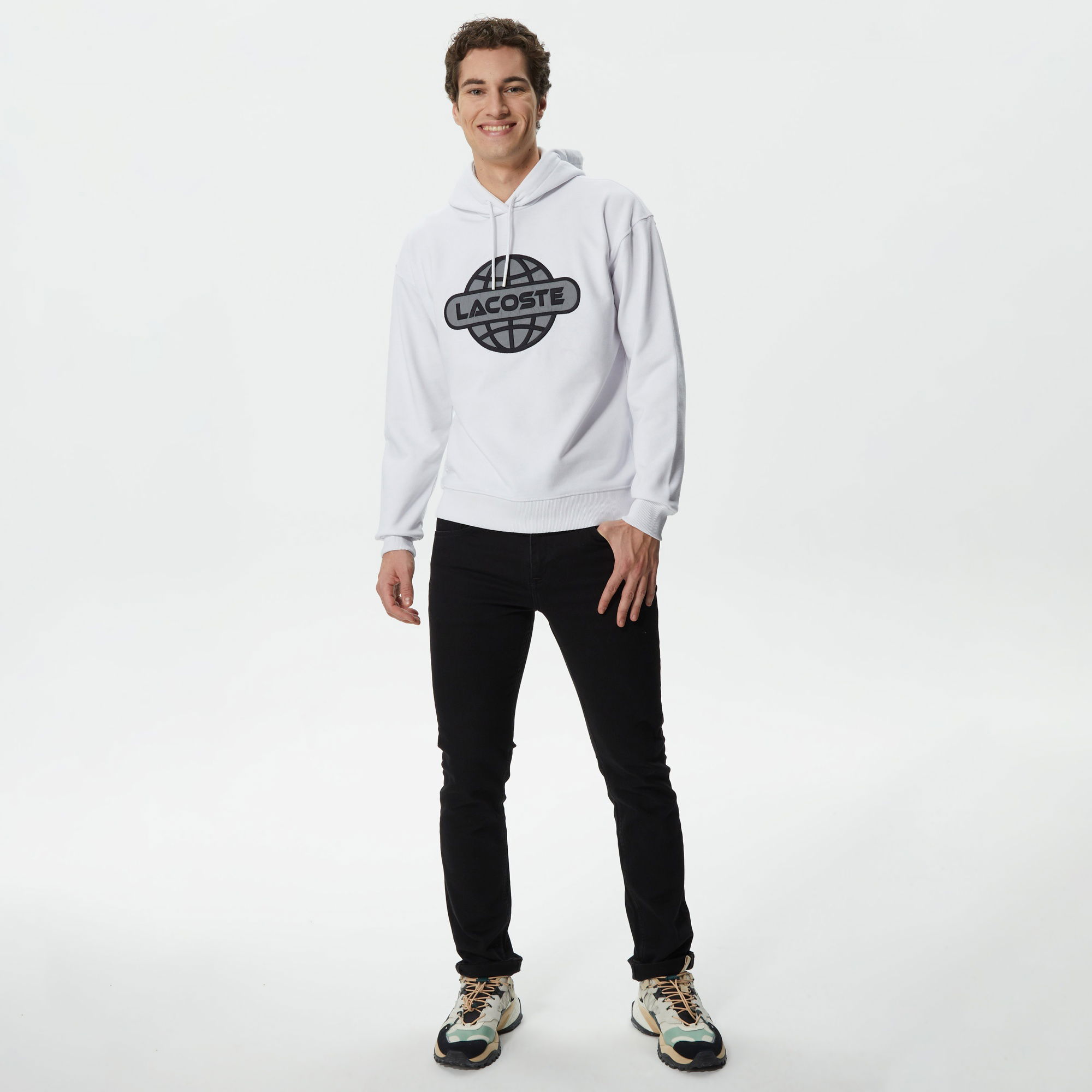 Lacoste Erkek Relaxed Fit Kapüşonlu Baskılı Beyaz Sweatshirt