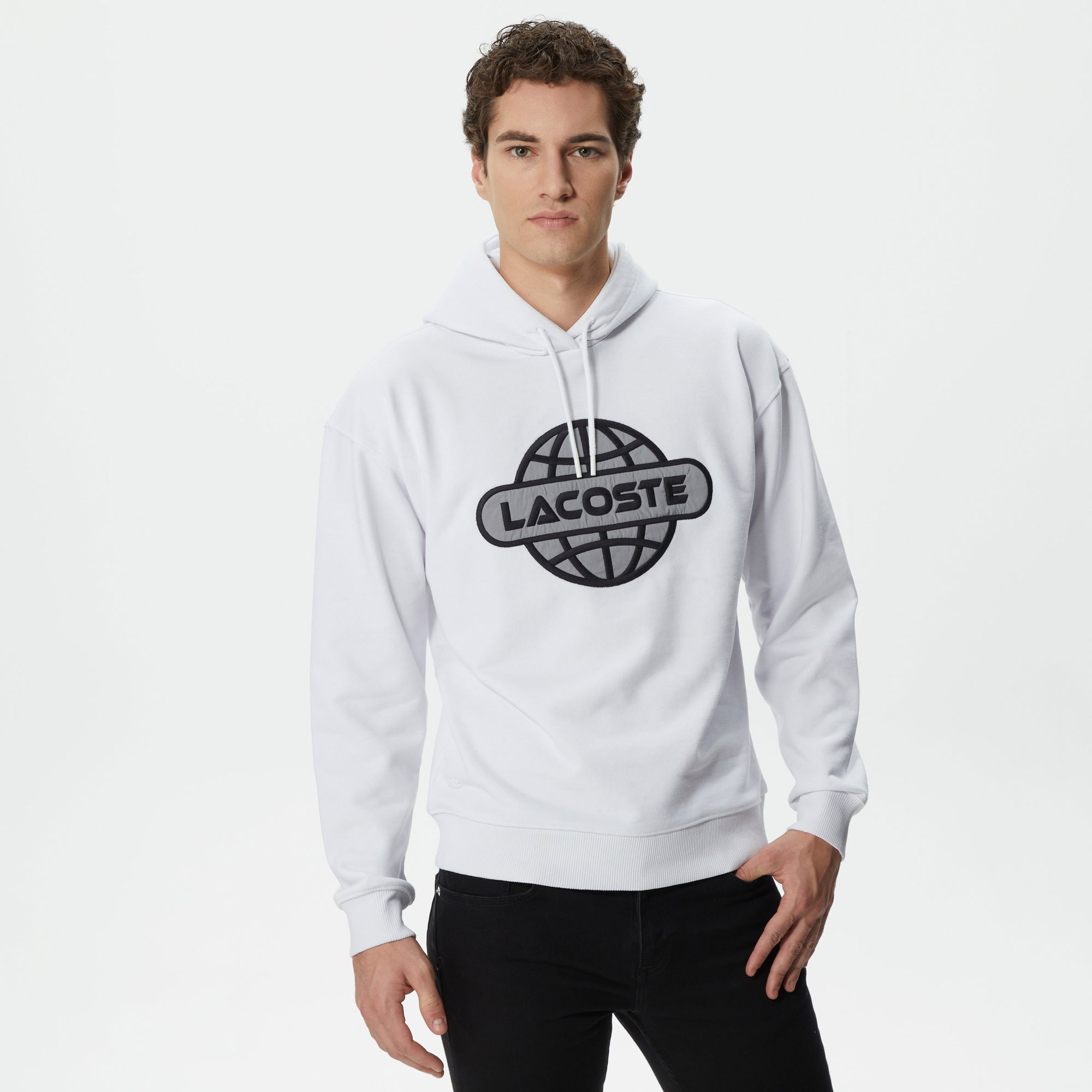 Lacoste Erkek Relaxed Fit Kapüşonlu Baskılı Beyaz Sweatshirt