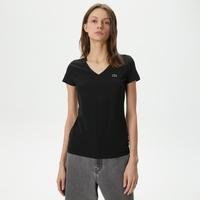 Lacoste Kadın Slim Fit V Yaka Siyah T-Shirt031