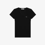 Lacoste Kadın Slim Fit V Yaka Siyah T-Shirt