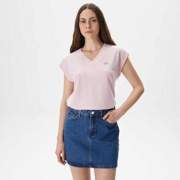 Lacoste Kadın Slim Fit V Yaka Pembe T-Shirt