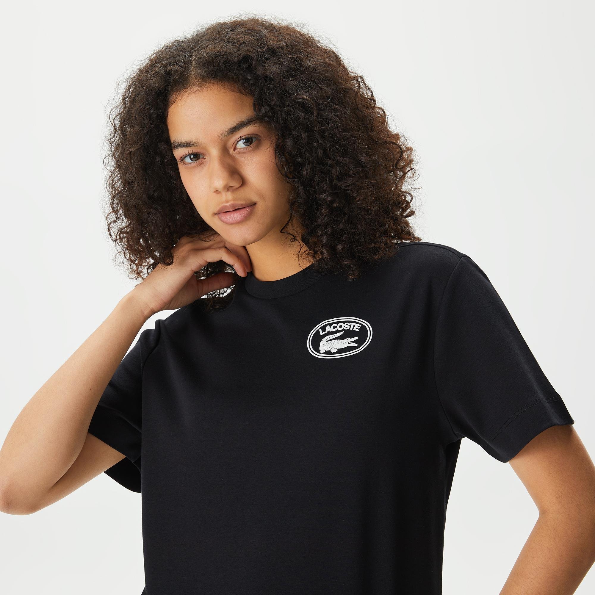 Lacoste Kadın Bisiklet Yaka Baskılı Siyah T-Shirt