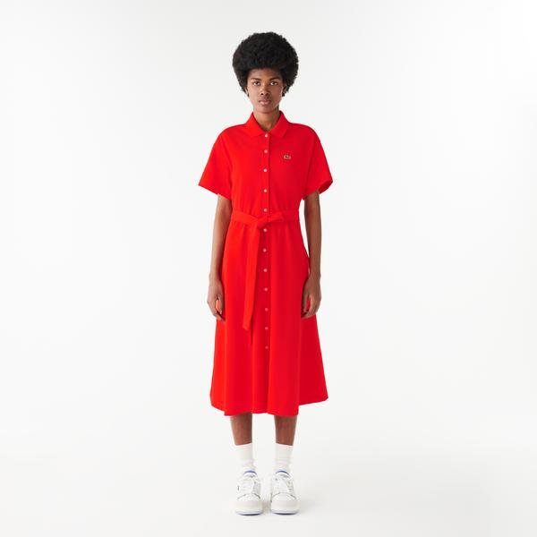 Lacoste Kadın Flare Fit Polo Yaka Kırmızı Elbise