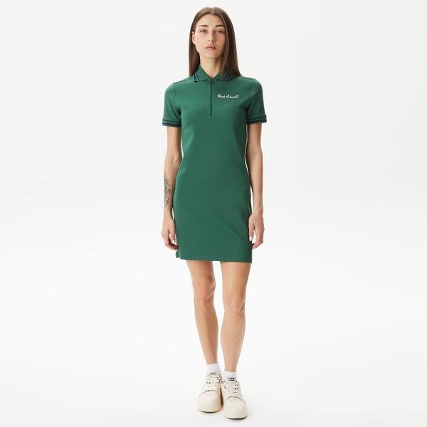 Lacoste Kadın Straight Fit Yarım Fermuarlı Yeşil Elbise