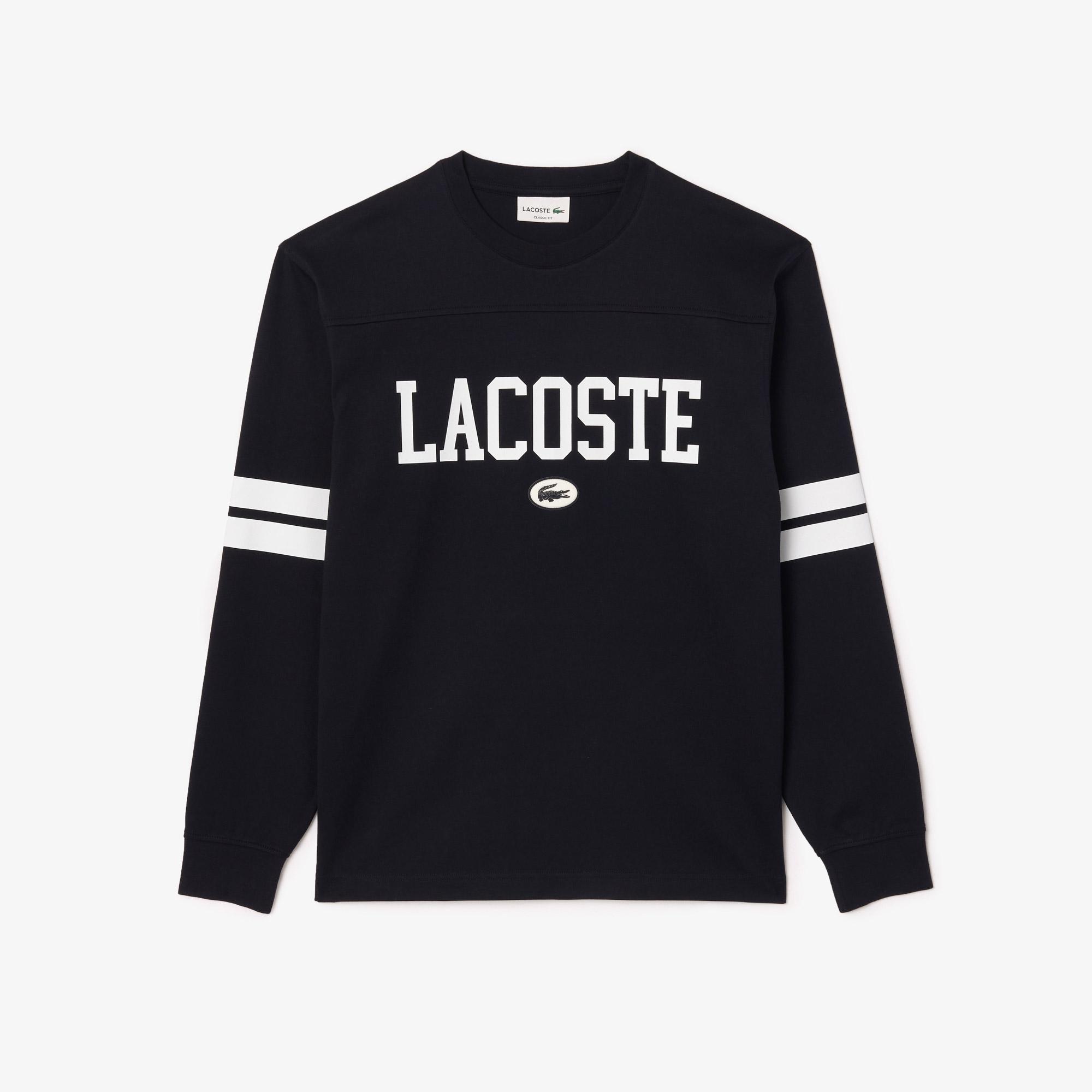 Lacoste Erkek Classic Fit Uzun Kollu Bisiklet Yaka Baskılı Siyah T-Shirt