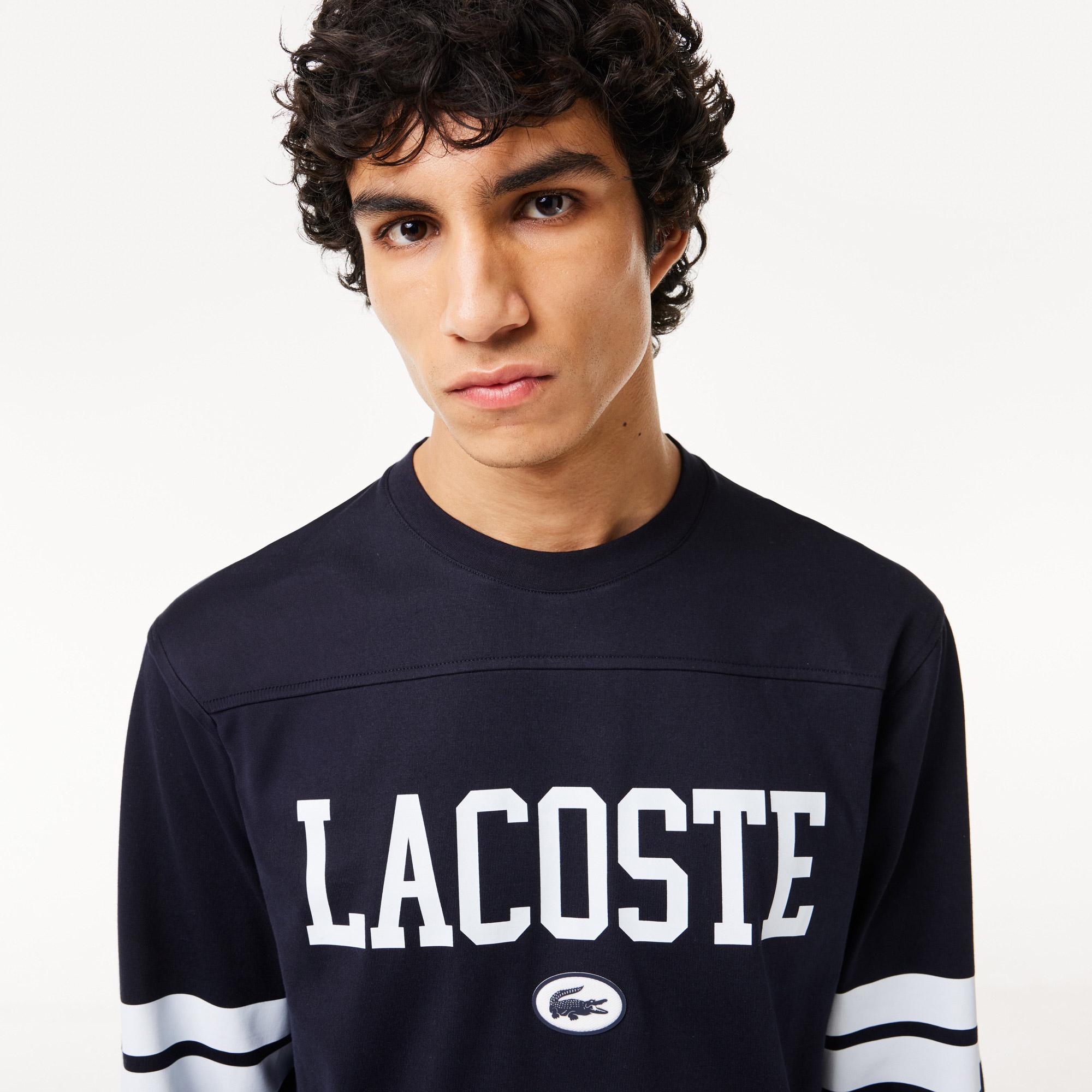 Lacoste Erkek Classic Fit Uzun Kollu Bisiklet Yaka Baskılı Siyah T-Shirt
