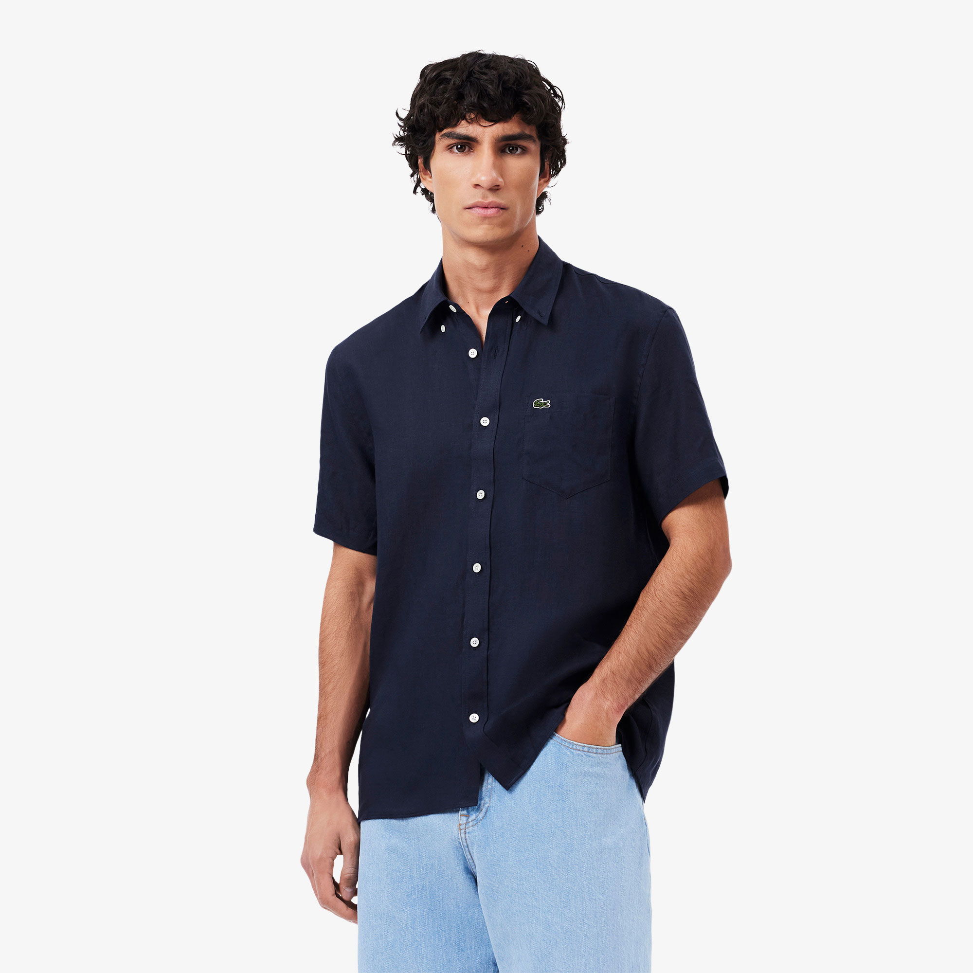 Lacoste Erkek Regular Fit Kısa Kollu Düğmeli Yaka Keten Lacivert Gömlek -1