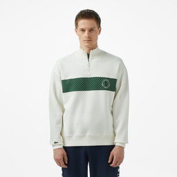 Lacoste Erkek Loose Fit Yarım Fermuarlı Baskılı Beyaz Sweatshirt Beyaz