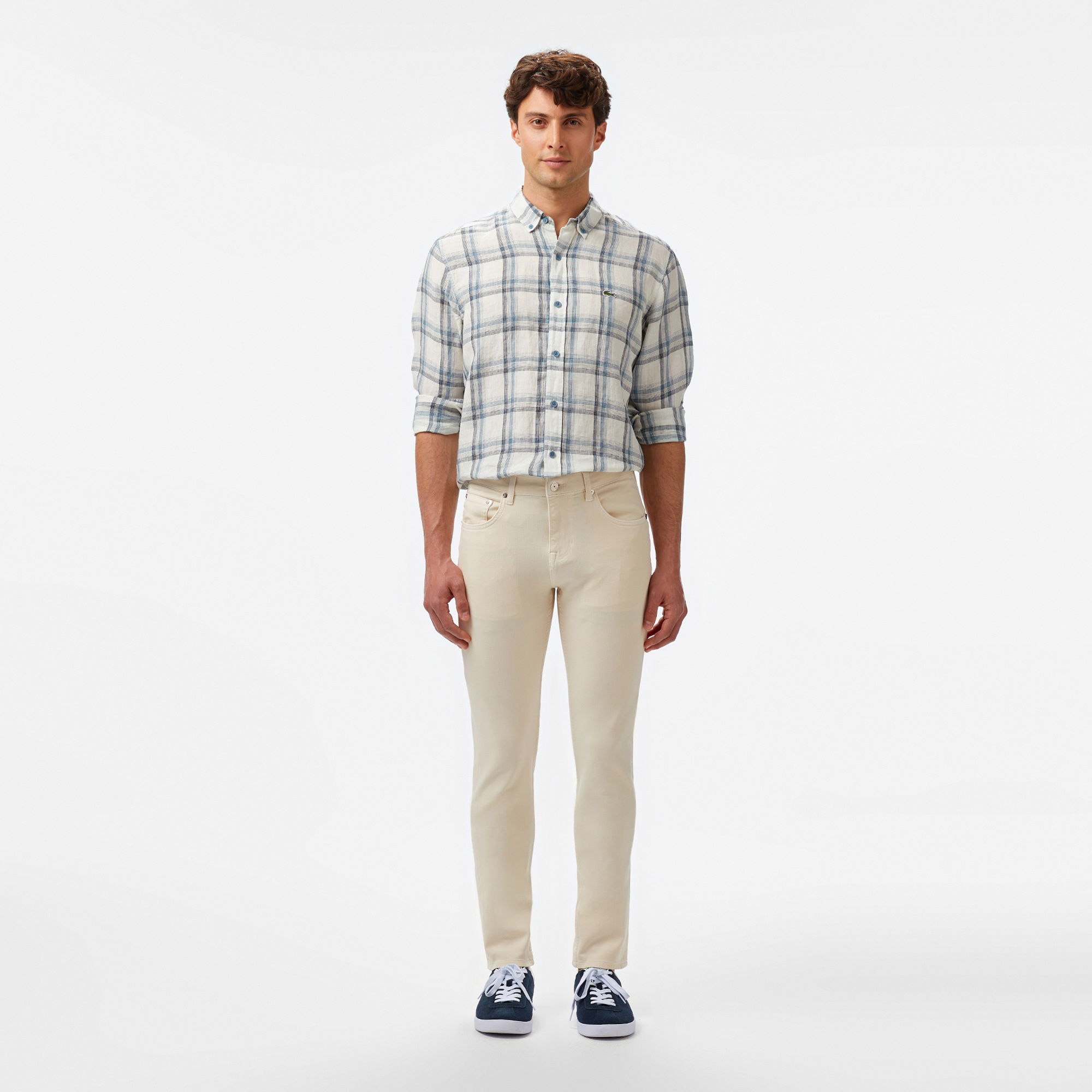 Lacoste Erkek Regular Fit Ekose Keten Koyu Mavi Gömlek