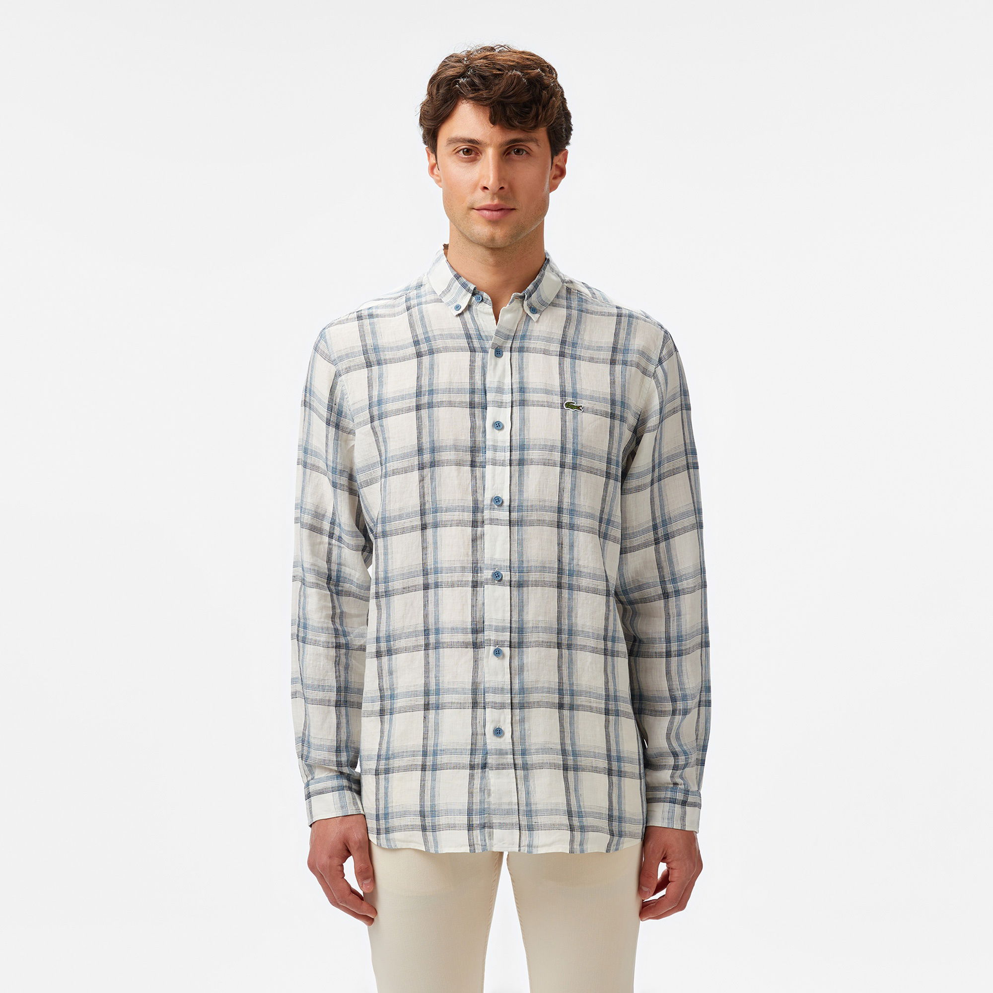 Lacoste Erkek Regular Fit Ekose Keten Koyu Mavi Gömlek