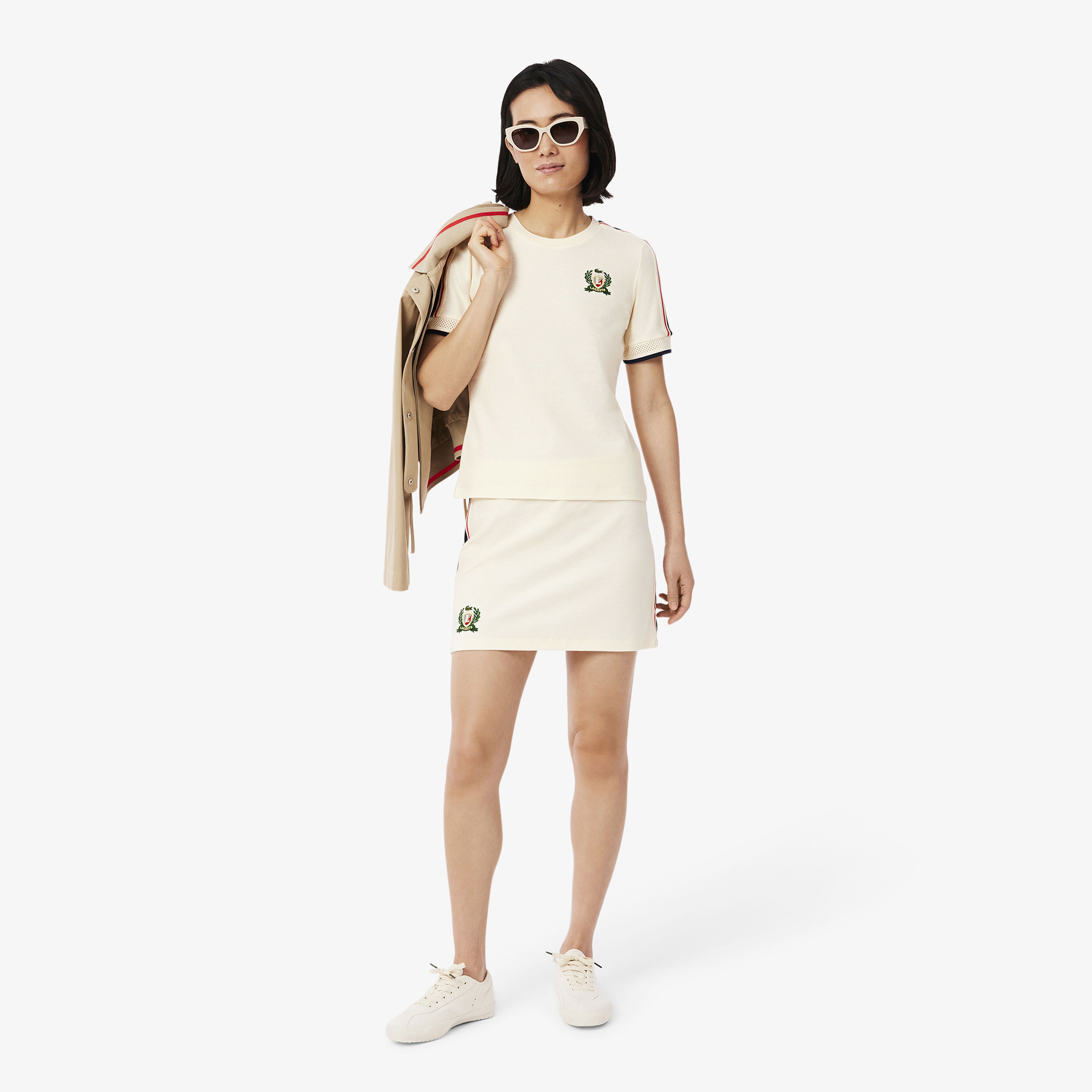 Lacoste Kadın Slim Fit Bisiklet Yaka Renk Bloklu Krem T-Shirt