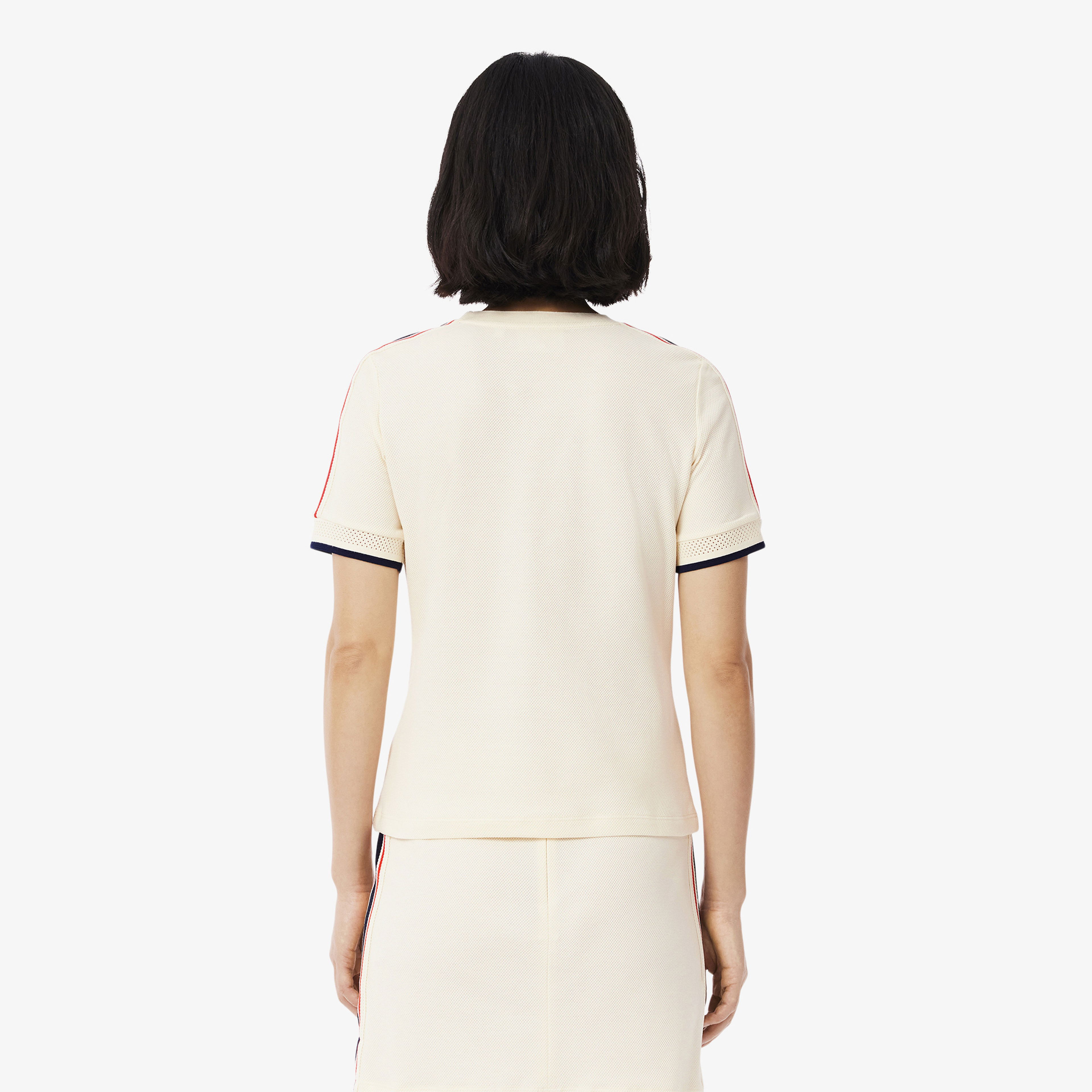 Lacoste Kadın Slim Fit Bisiklet Yaka Renk Bloklu Krem T-Shirt