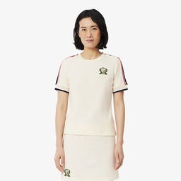 Lacoste Kadın Slim Fit Bisiklet Yaka Renk Bloklu Krem T-Shirt Krem