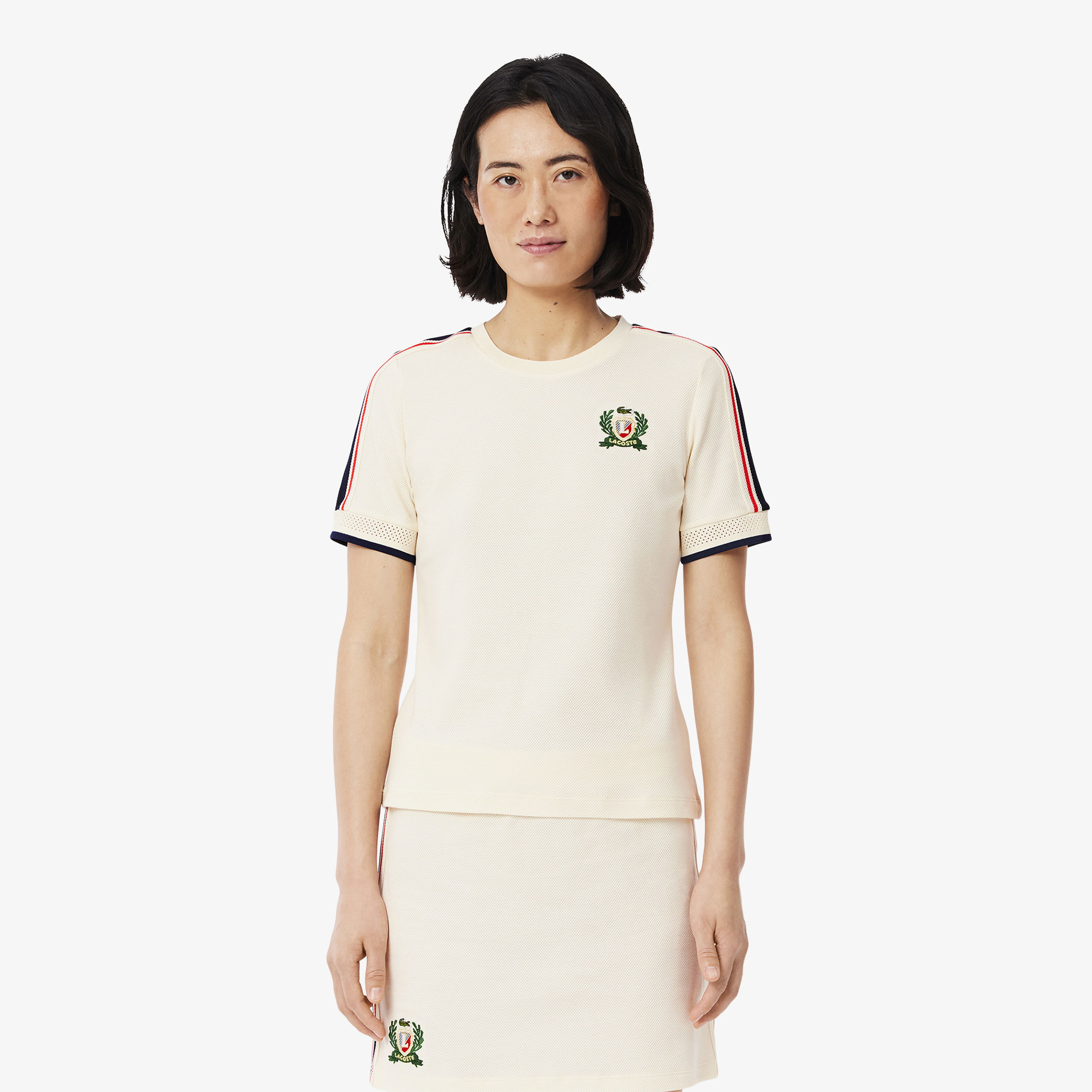 Lacoste Kadın Slim Fit Bisiklet Yaka Renk Bloklu Krem T-Shirt