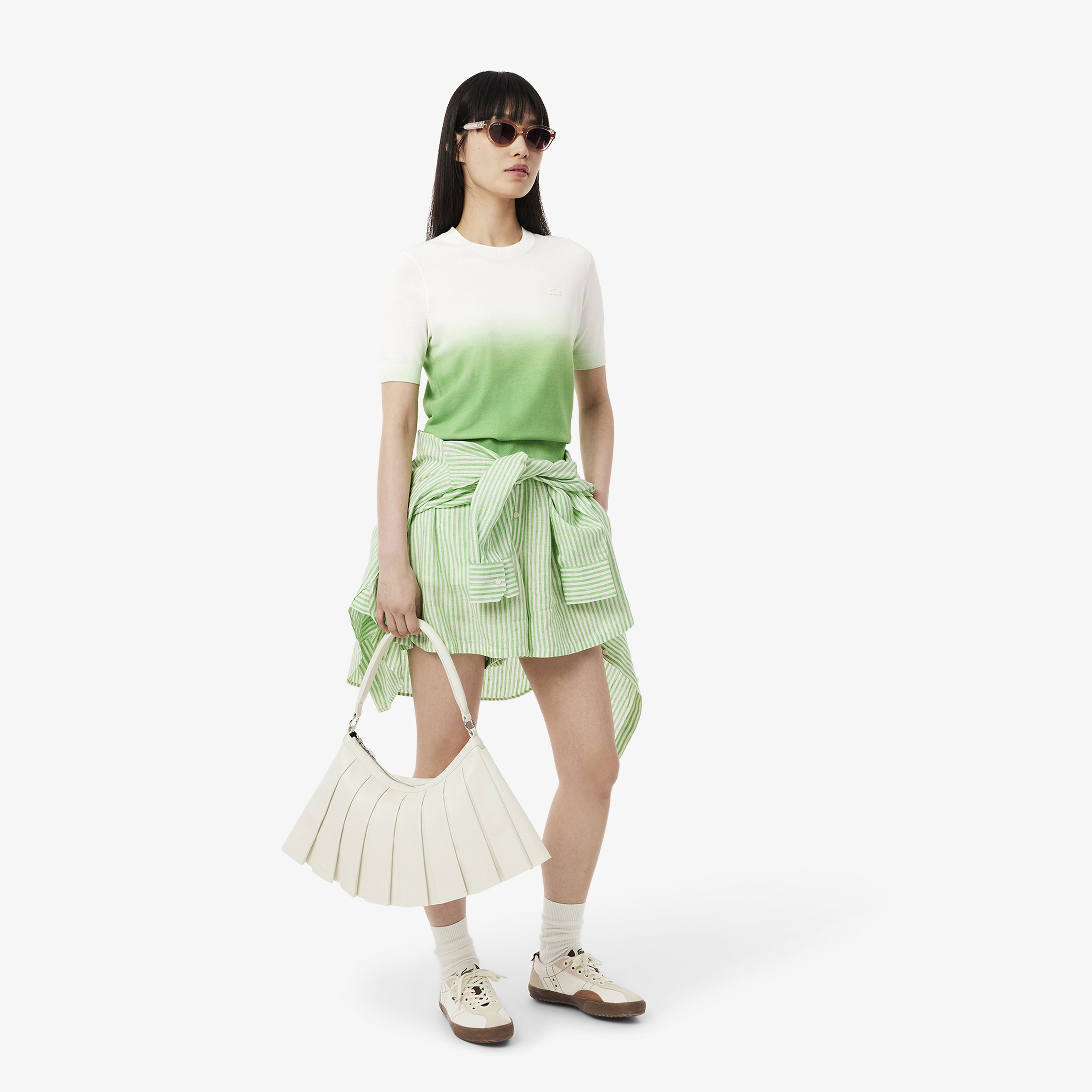 Lacoste Kadın Classic Fit Kısa Kollu Bisiklet Yaka Renk Bloklu Yeşil Triko
