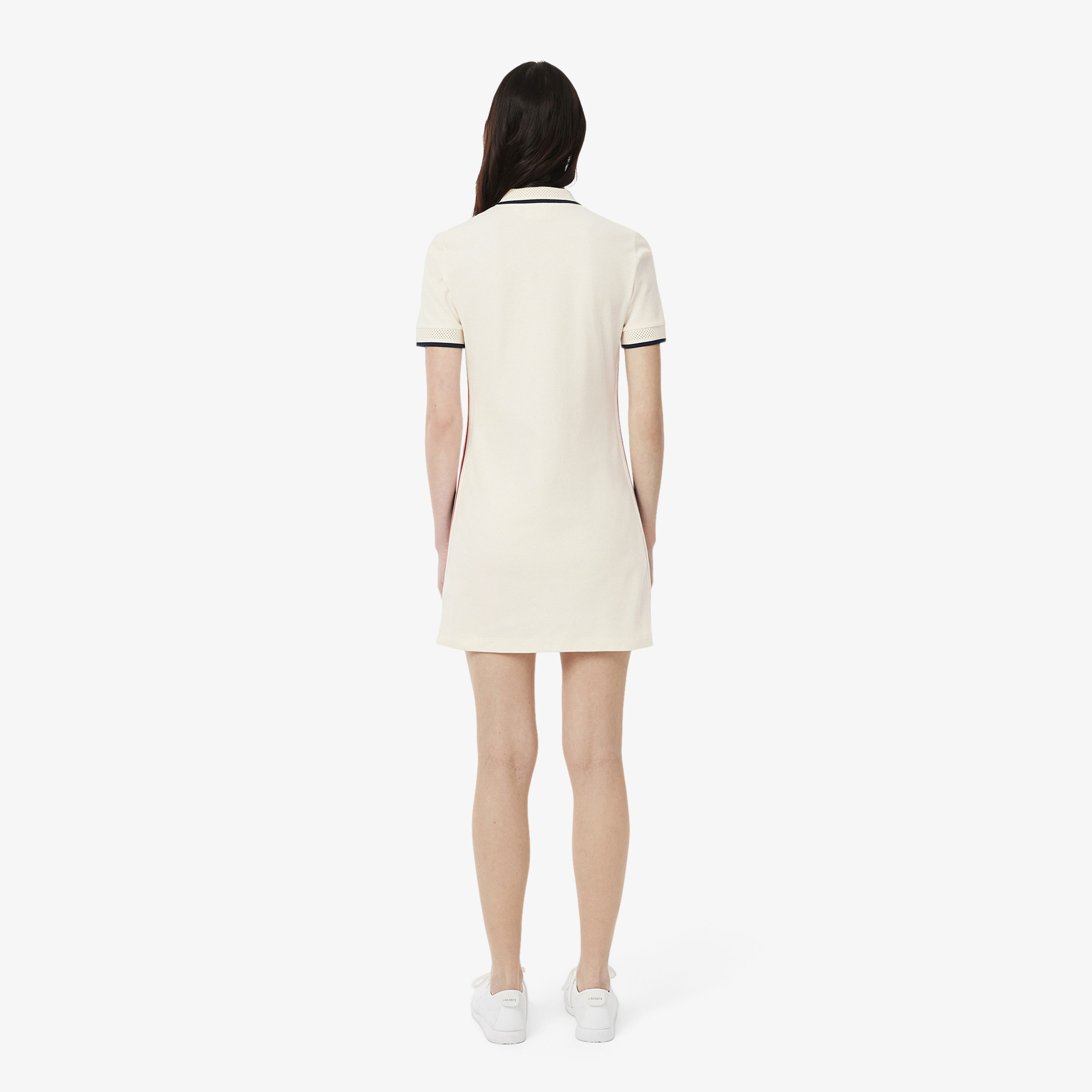 Lacoste Kadın Slim Fit Kısa Kollu Polo Yaka Renk Bloklu Krem Elbise