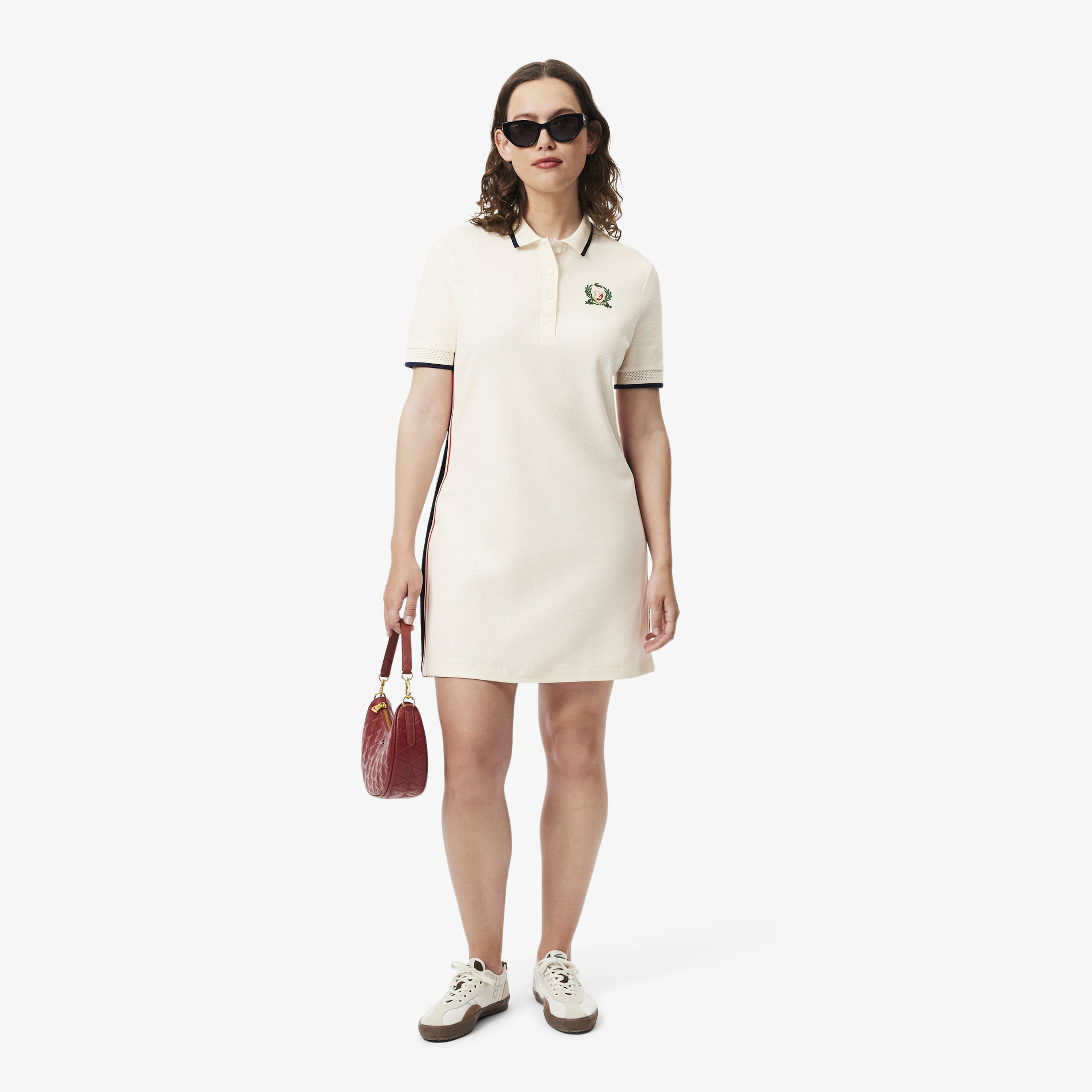 Lacoste Kadın Slim Fit Kısa Kollu Polo Yaka Renk Bloklu Krem Elbise