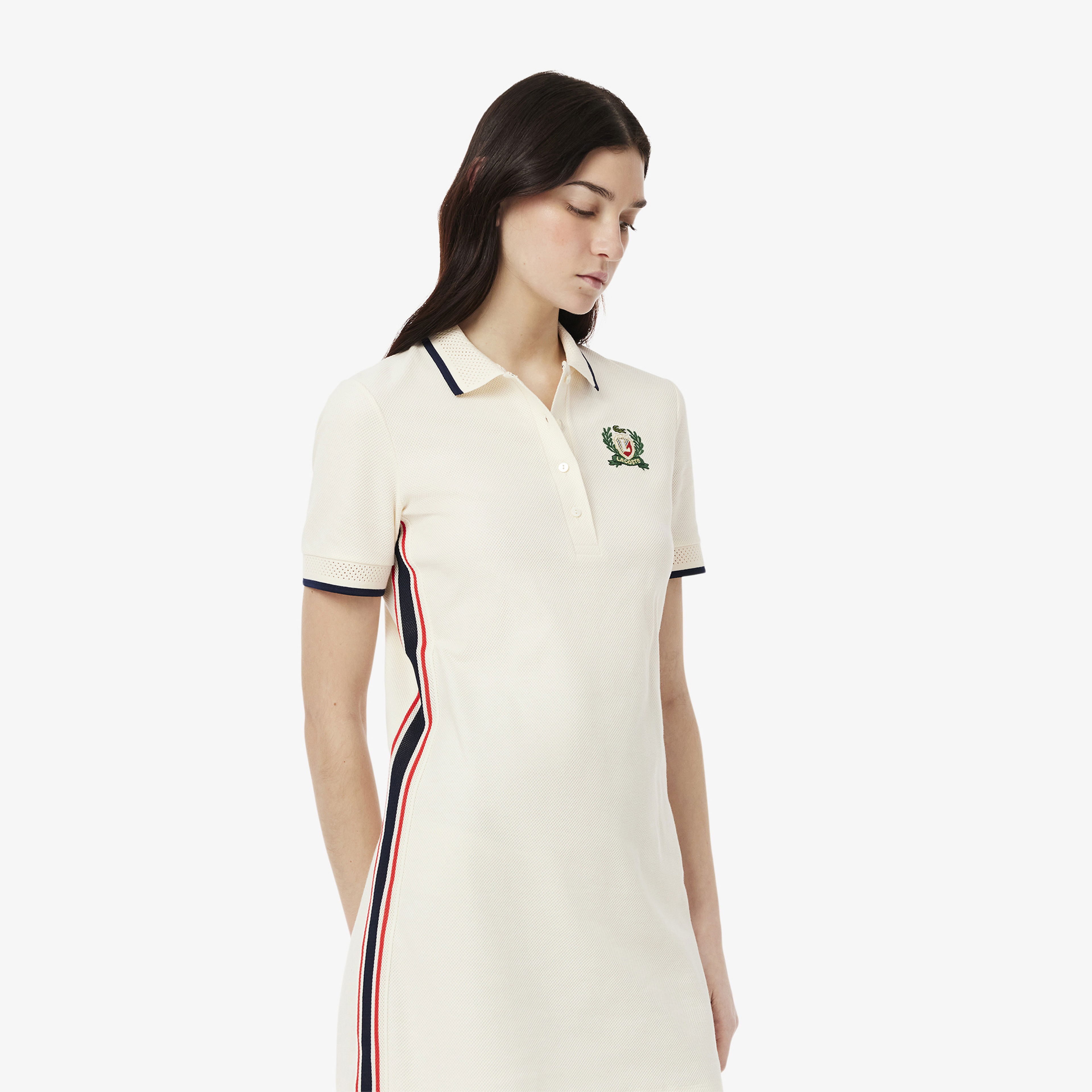 Lacoste Kadın Slim Fit Kısa Kollu Polo Yaka Renk Bloklu Krem Elbise