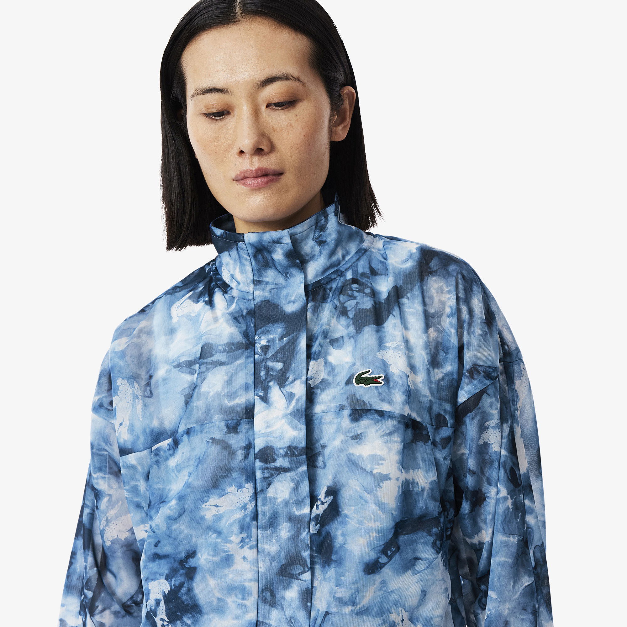 Lacoste Kadın Relaxed Fit Dik Yaka Desenli Mavi Ceket